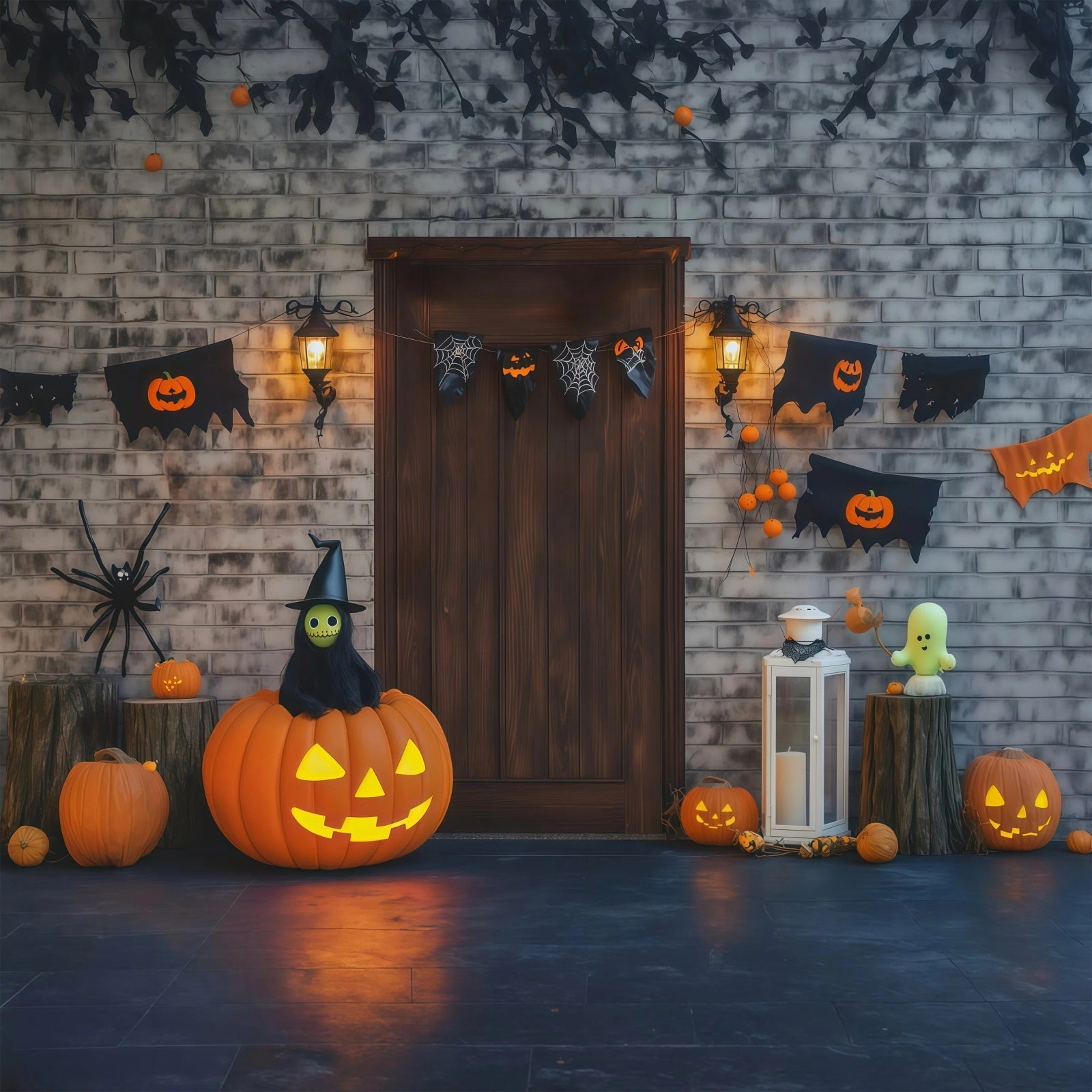 Halloween Theme Backdrop Brick Door Pumpkin Decorations Halloween Backdrop For Photos UK RR67-4