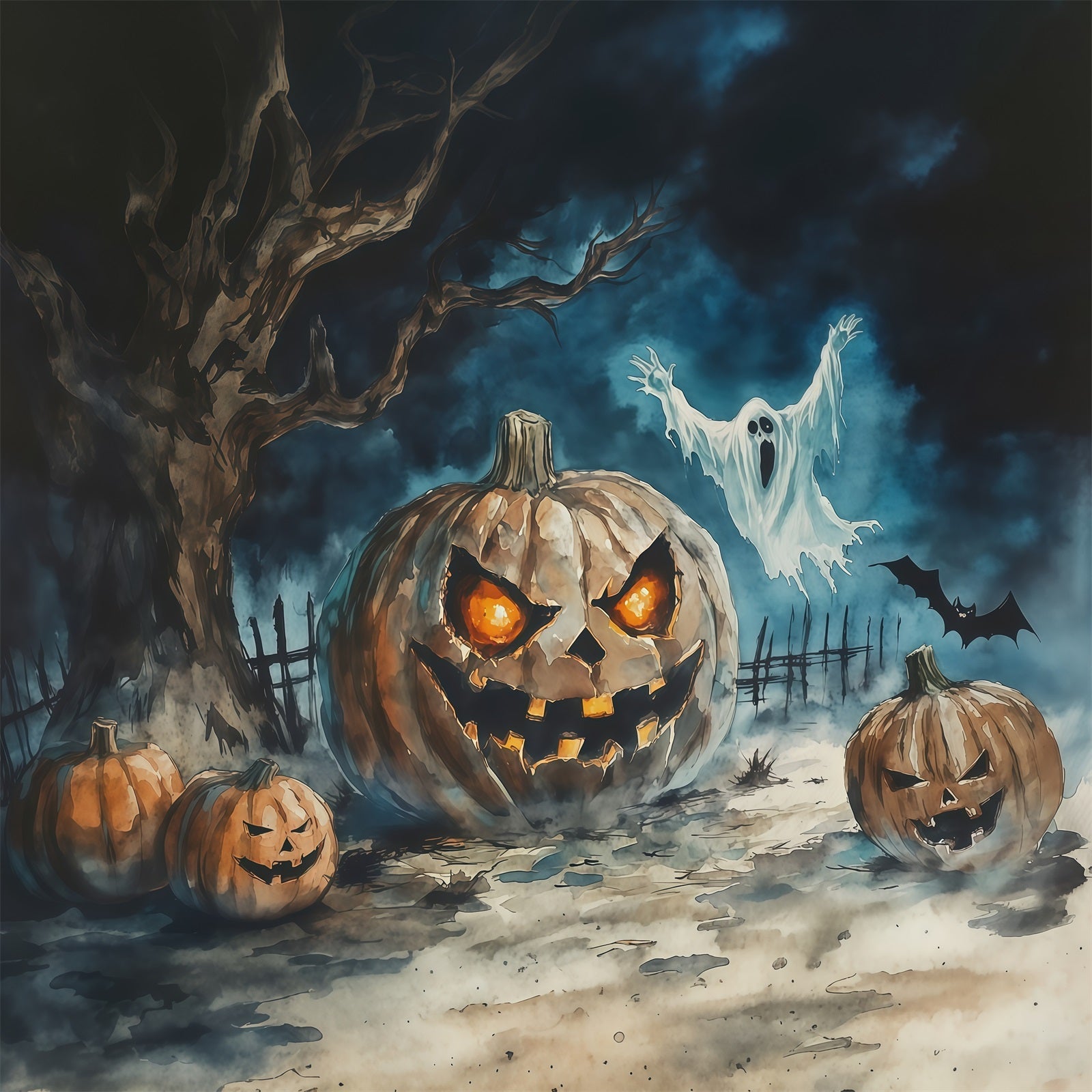 Halloween Backdrop Photography Watercolor Pumpkin Ghost Tree Halloween Scary Backdrop UK RR67-42