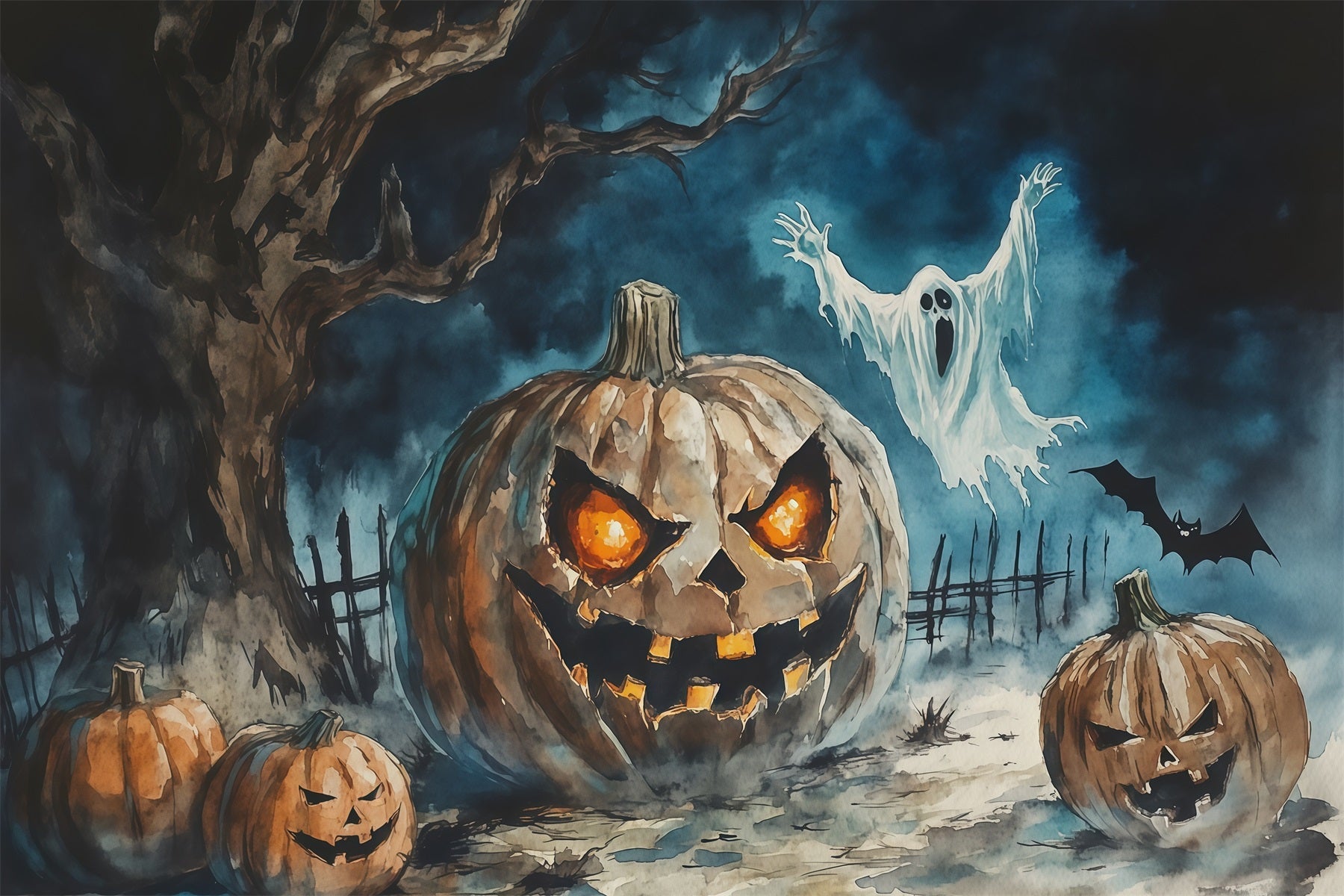 Halloween Backdrop Photography Watercolor Pumpkin Ghost Tree Halloween Scary Backdrop UK RR67-42