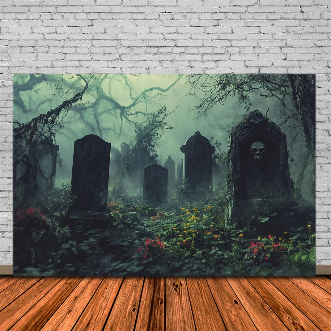 Halloween Cloth Backdrop Misty Overgrown Graveyard Tombstones Graveyard Halloween Backdrops UK RR67-43