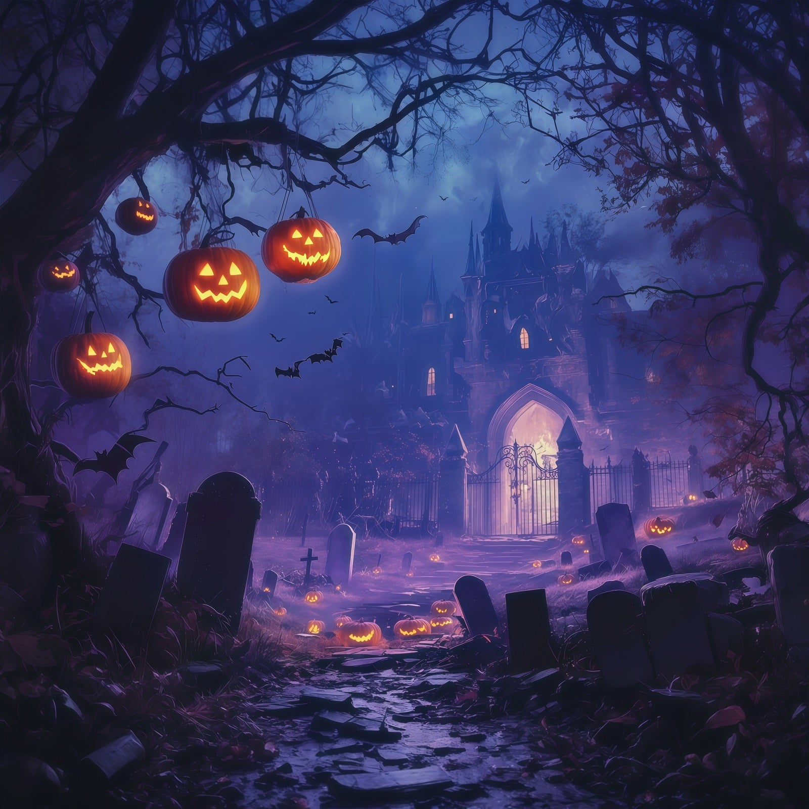 Halloween Backdrop Ideas DIY Purple Castle Pumpkin Graveyard Purple Halloween Backdrop UK RR67-44
