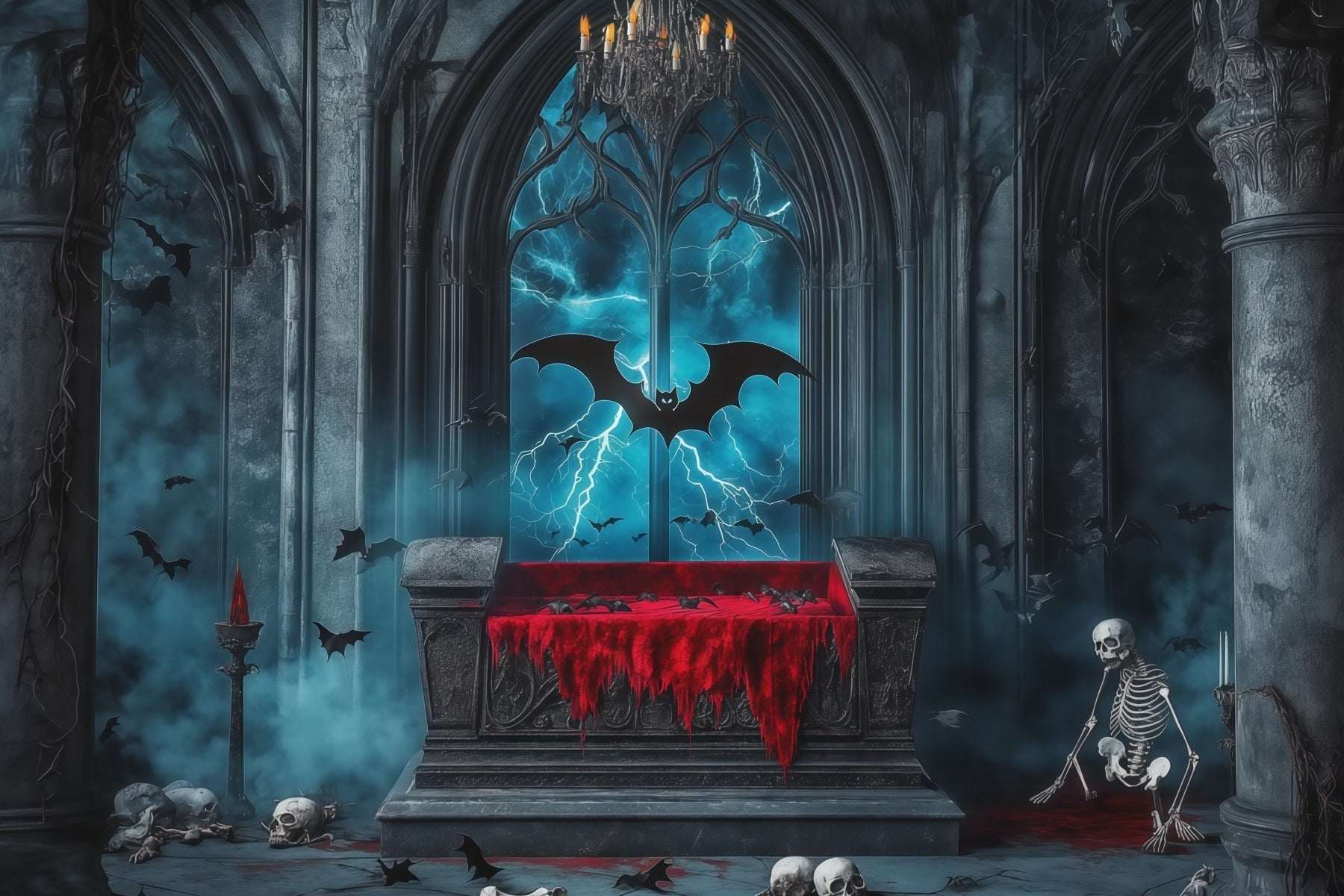 Halloween Scene Backdrop Gothic Coffin Skeleton Bats Backdrop For Halloween UK RR67-46