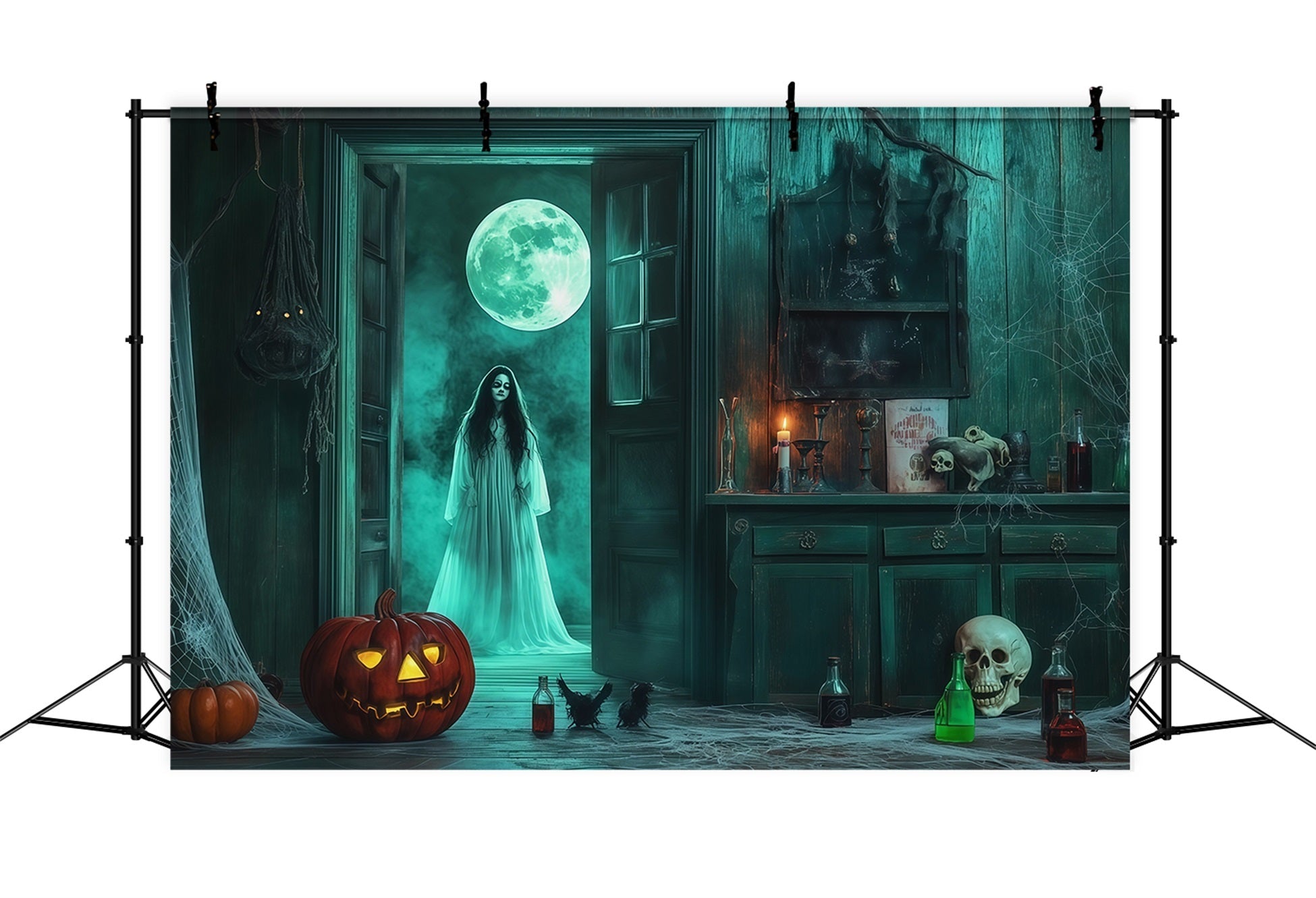 Scary Halloween Photo Backdrops Ghostly Moon Cabinet Room Happy Halloween Backdrop UK RR67-47