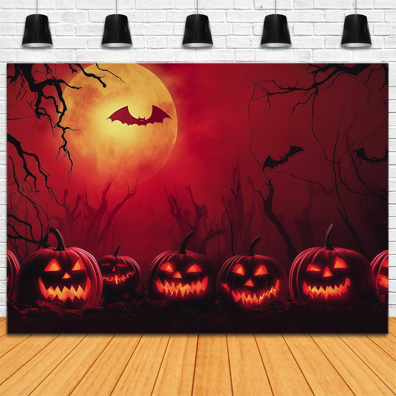 Simple Halloween Backdrop Red Moon Pumpkin Bats Extra Large Halloween Backdrop UK RR67-48