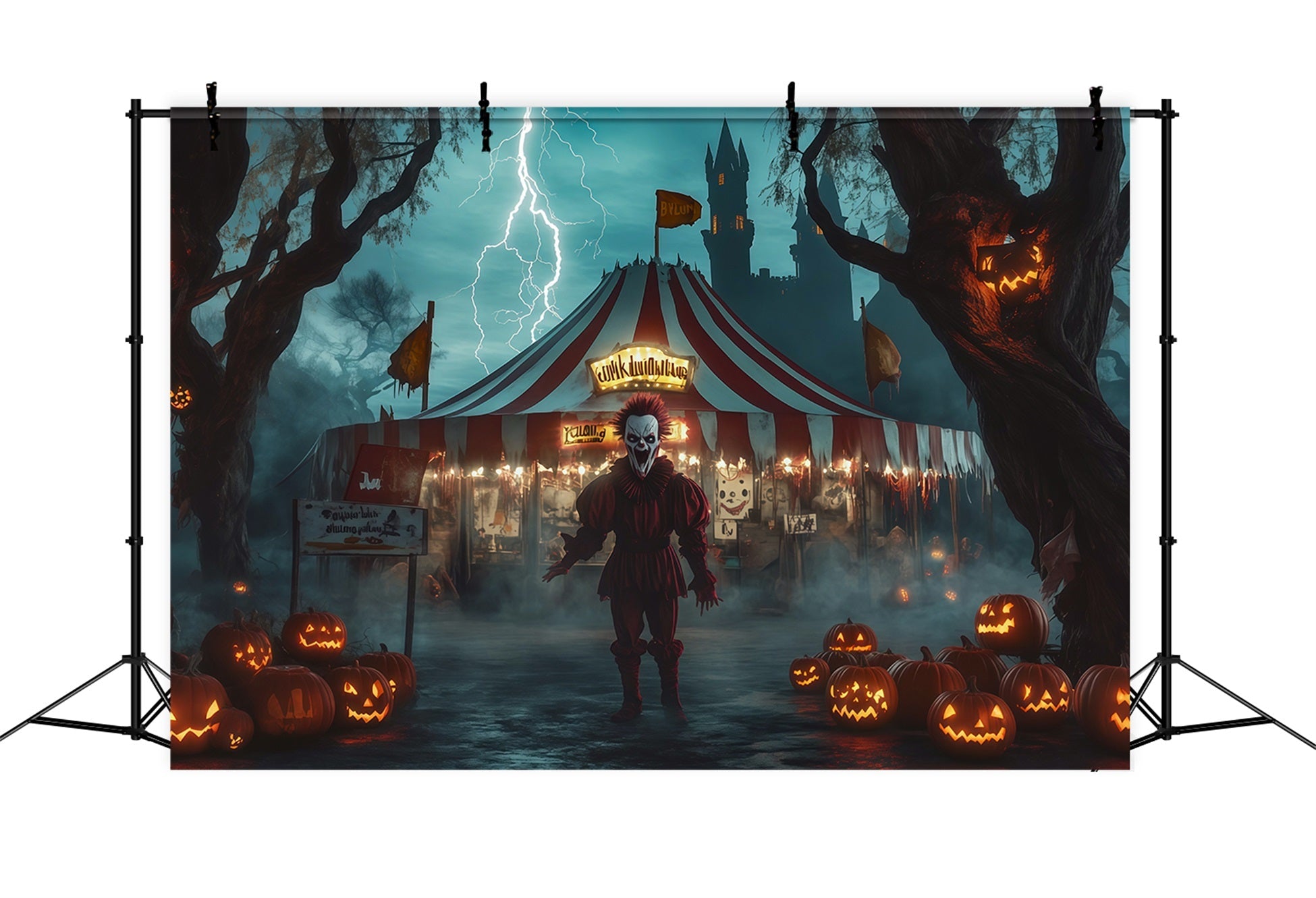 Halloween Clown Backdrop Creepy Circus Clown Pumpkins Halloween Fabric Backdrop UK RR67-49