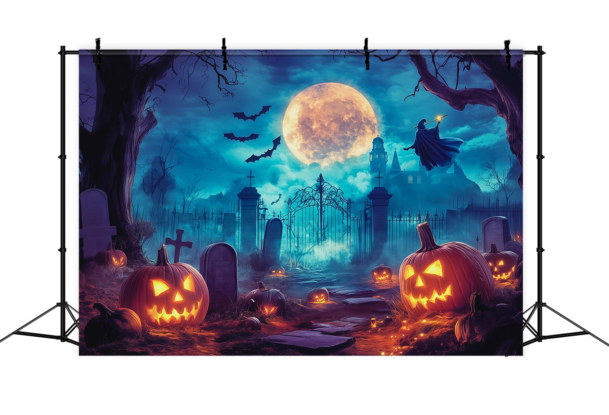 Halloween Themed Backdrops Moonlit Witch Pumpkin Graveyard Halloween Backdrop Ideas UK RR67-5