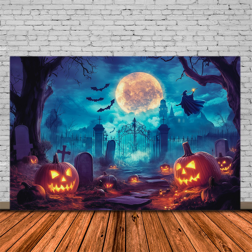Halloween Themed Backdrops Moonlit Witch Pumpkin Graveyard Halloween Backdrop Ideas UK RR67-5