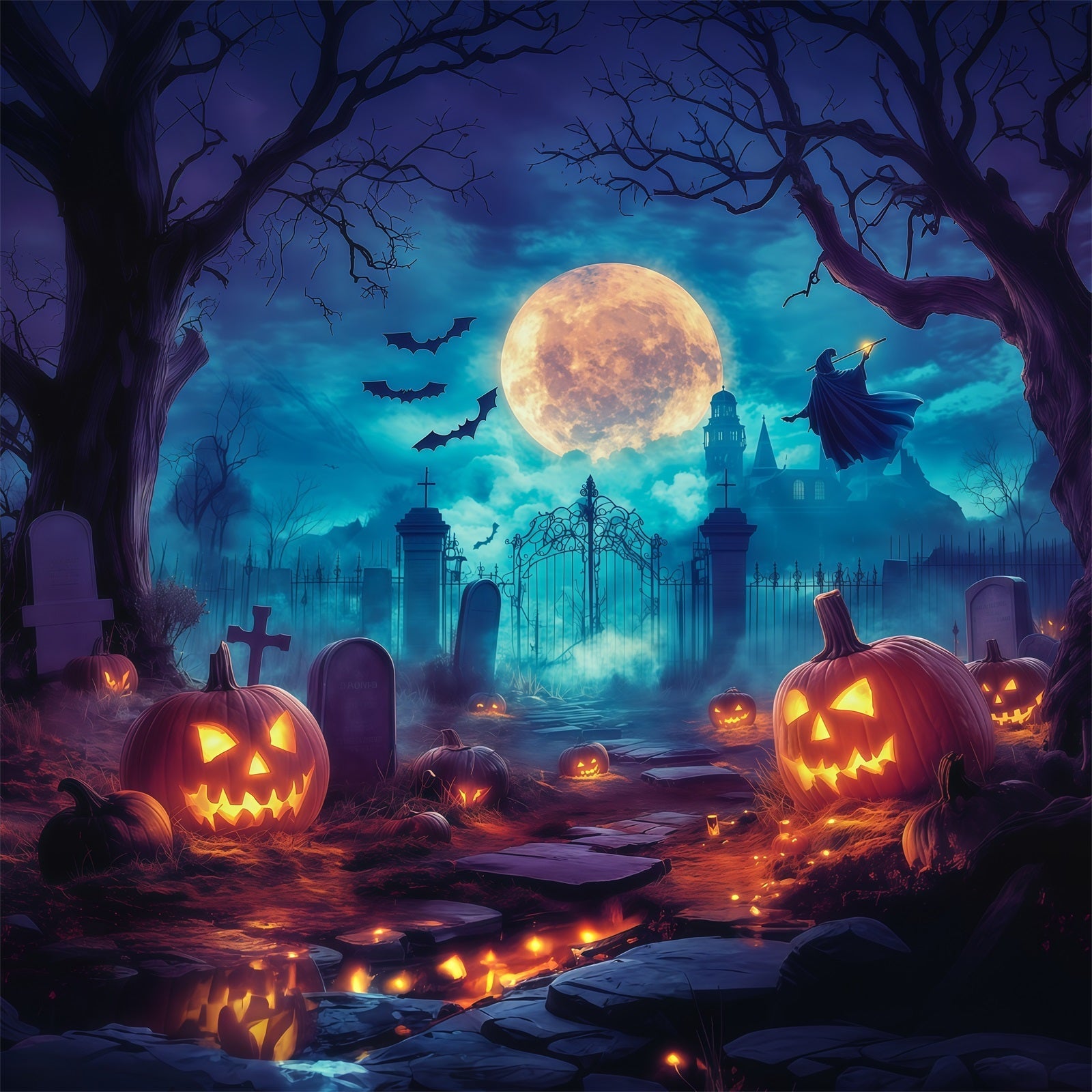 Halloween Themed Backdrops Moonlit Witch Pumpkin Graveyard Halloween Backdrop Ideas UK RR67-5