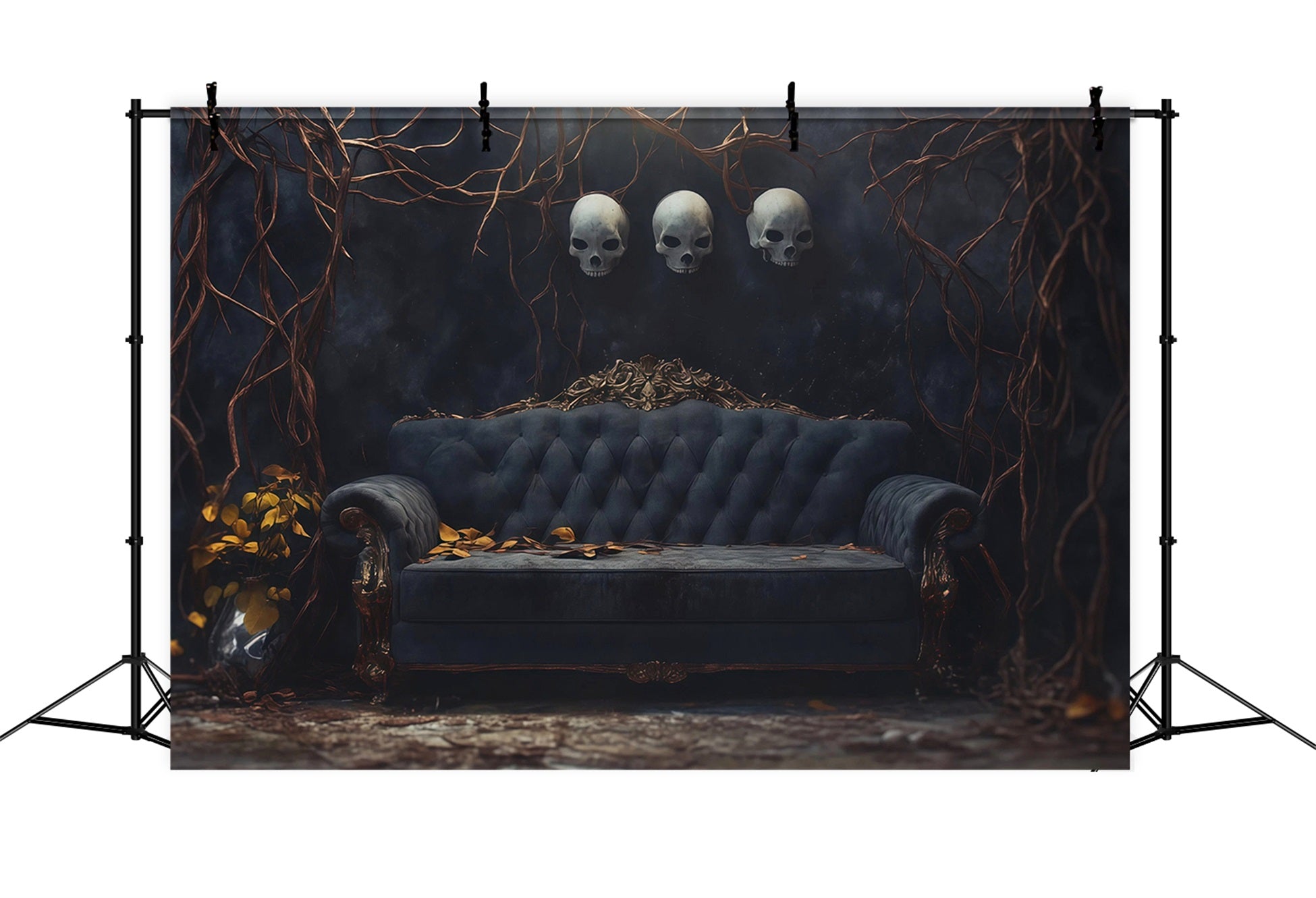 Halloween Theme Backdrop Skull Sofa Twisted Vines Halloween Backdrop For Photos UK RR67-54