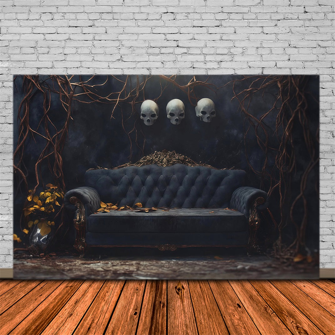 Halloween Theme Backdrop Skull Sofa Twisted Vines Halloween Backdrop For Photos UK RR67-54
