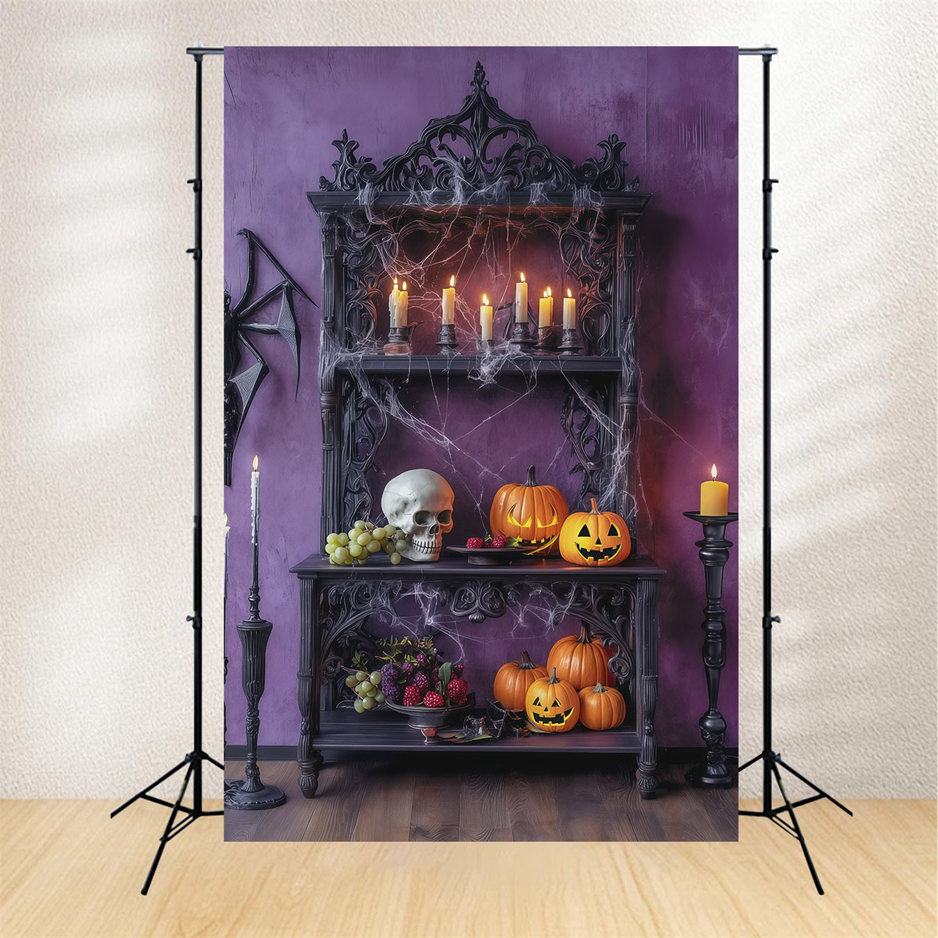 Halloween Themed Backdrops Purple Candle Skull Shelf Halloween Backdrop Ideas UK RR67-55