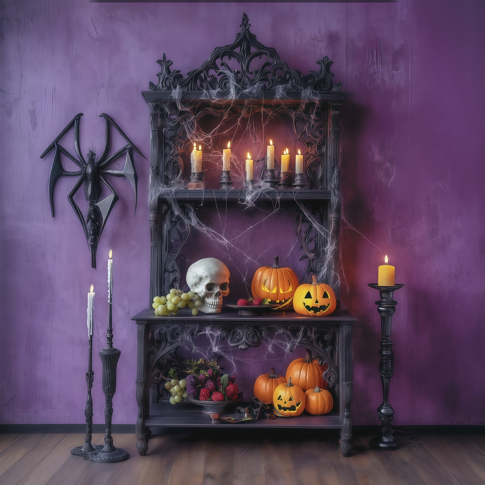 Halloween Themed Backdrops Purple Candle Skull Shelf Halloween Backdrop Ideas UK RR67-55