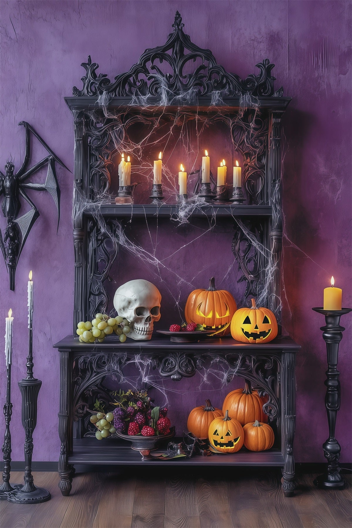 Halloween Themed Backdrops Purple Candle Skull Shelf Halloween Backdrop Ideas UK RR67-55