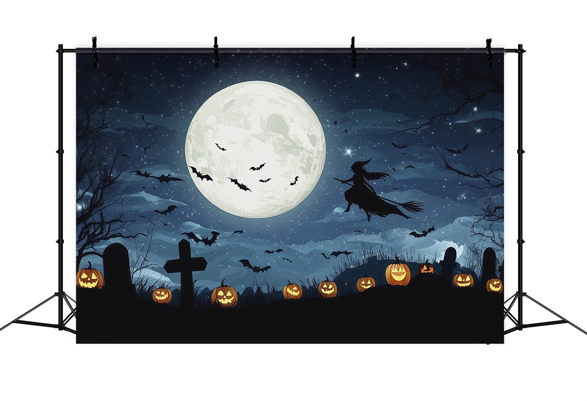 Halloween Moon Backdrop Moonlit Witch Graveyard Pumpkins Halloween Photo Backdrops UK RR67-58