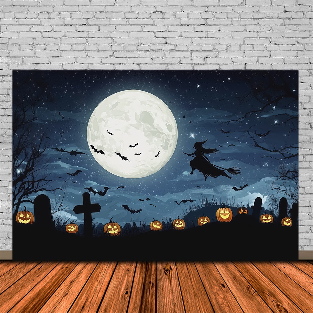Halloween Moon Backdrop Moonlit Witch Graveyard Pumpkins Halloween Photo Backdrops UK RR67-58