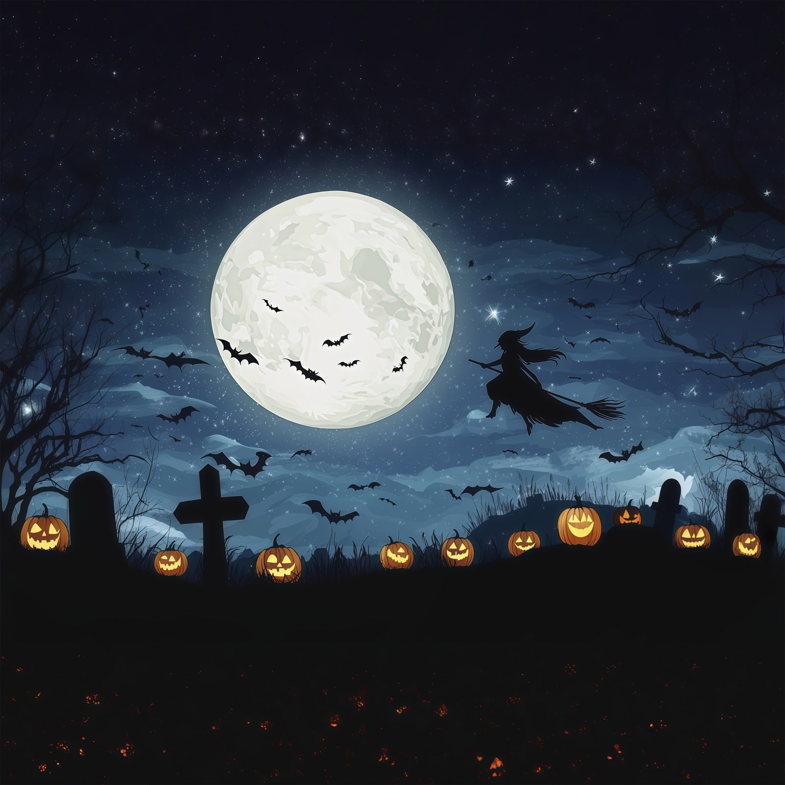 Halloween Moon Backdrop Moonlit Witch Graveyard Pumpkins Halloween Photo Backdrops UK RR67-58
