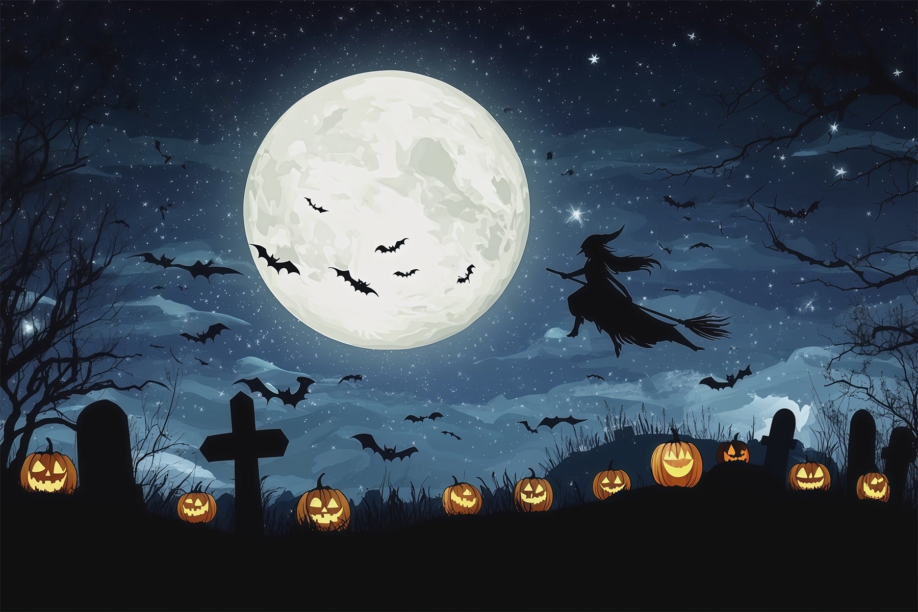 Halloween Moon Backdrop Moonlit Witch Graveyard Pumpkins Halloween Photo Backdrops UK RR67-58