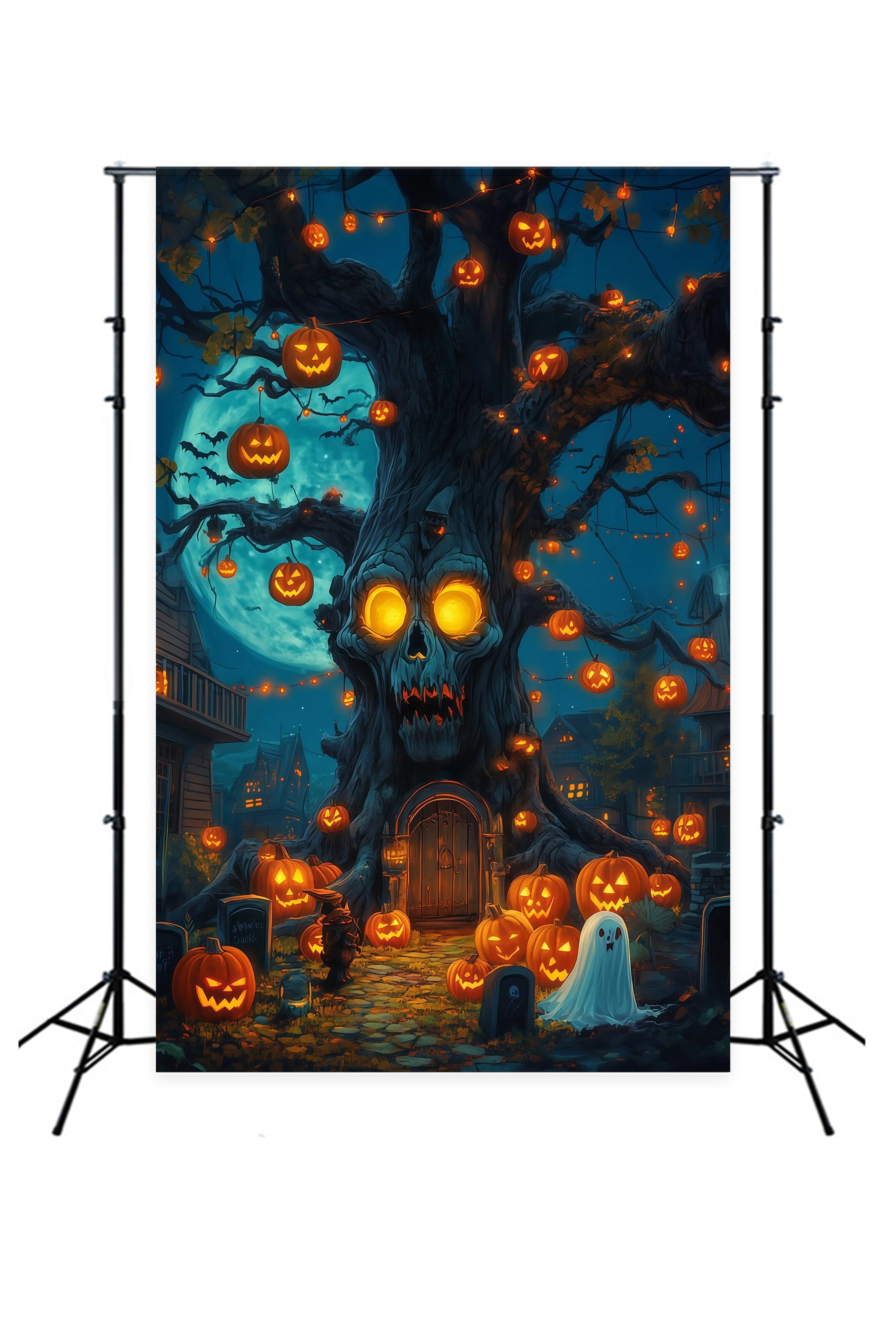 Outdoor Halloween Backdrop Skull Tree Pumpkin Lanterns Spooky Halloween Backdrop UK RR67-59