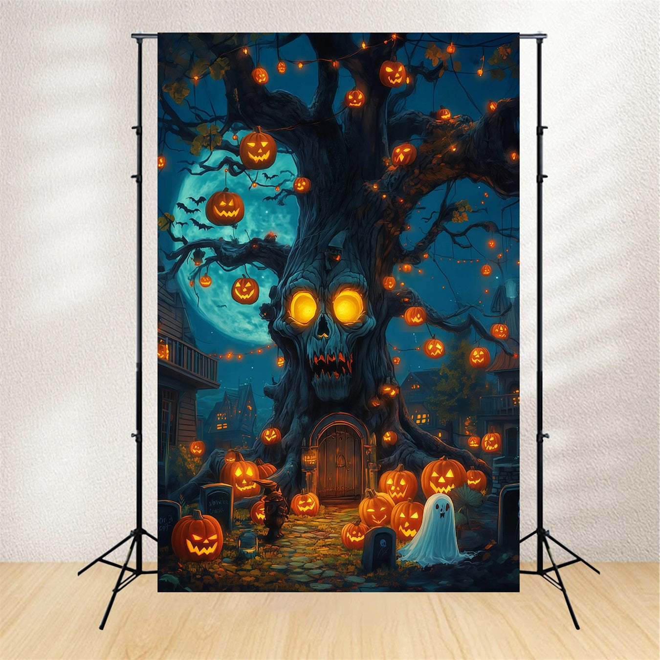 Outdoor Halloween Backdrop Skull Tree Pumpkin Lanterns Spooky Halloween Backdrop UK RR67-59