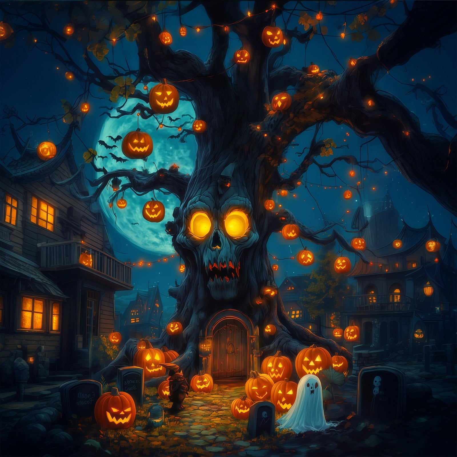 Outdoor Halloween Backdrop Skull Tree Pumpkin Lanterns Spooky Halloween Backdrop UK RR67-59