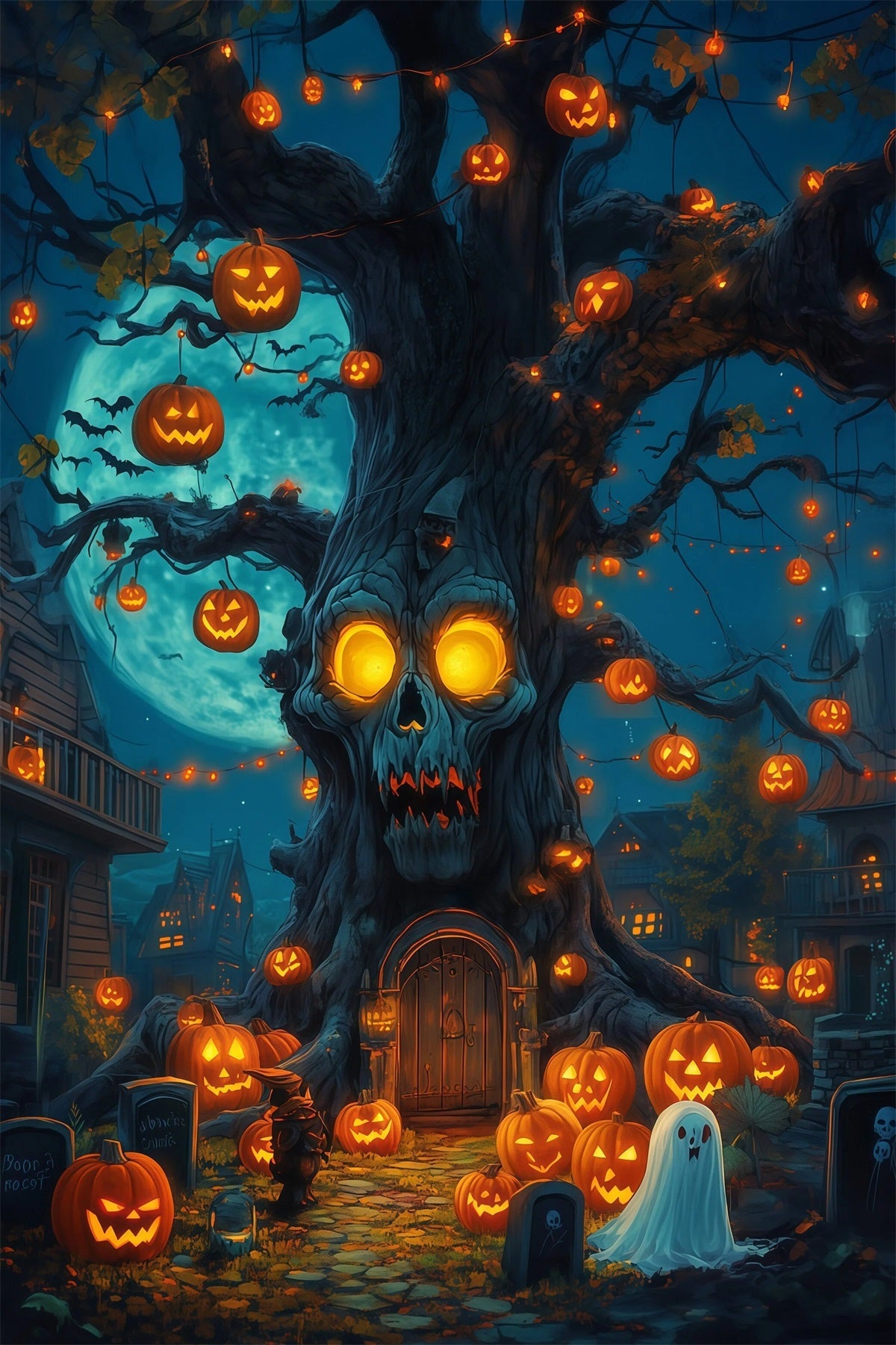 Outdoor Halloween Backdrop Skull Tree Pumpkin Lanterns Spooky Halloween Backdrop UK RR67-59