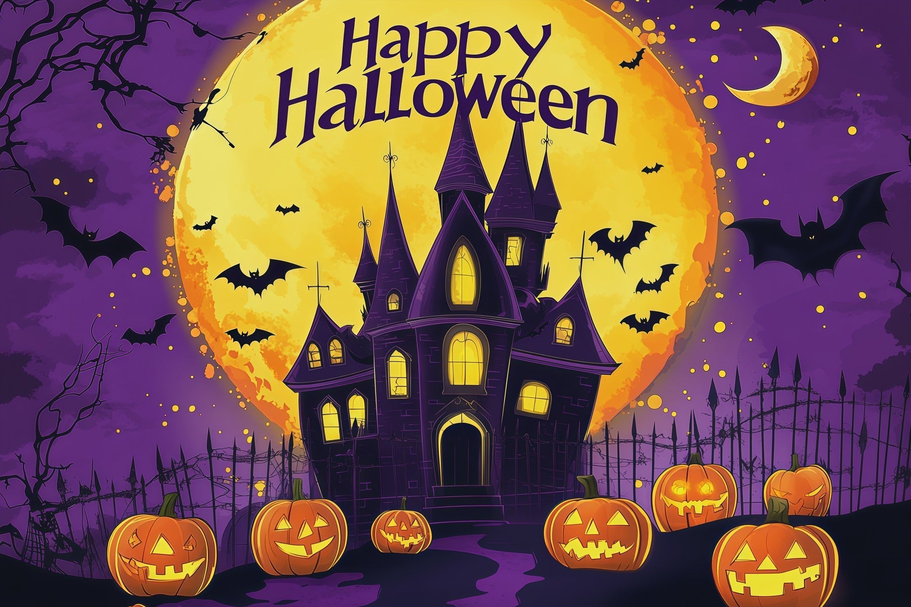 Cute Halloween Backdrops Purple Castle Pumpkin Moon Halloween Backdrops & Scene Setters UK RR67-6