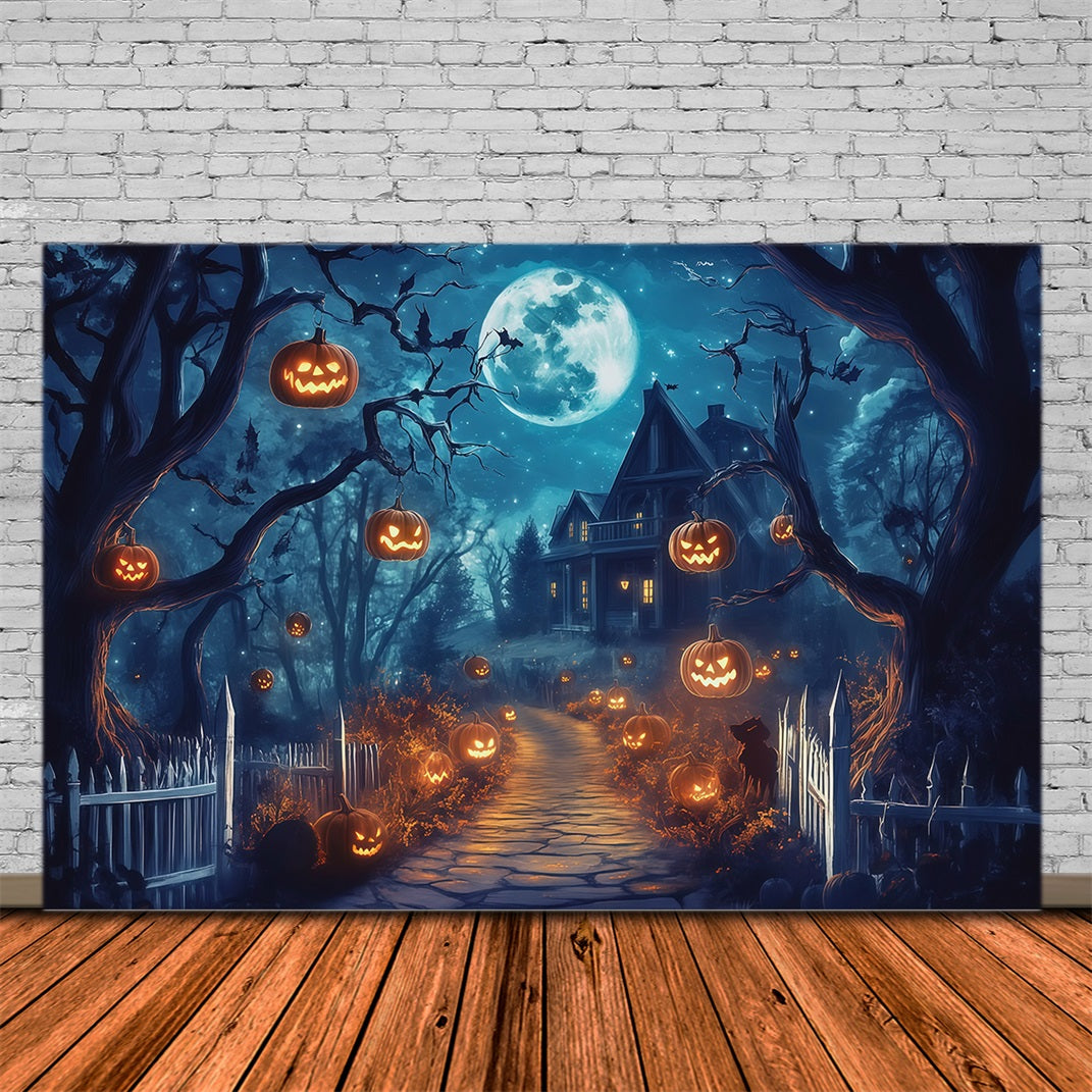 Halloween Outdoor Backdrop Moonlit Pumpkin House Path Halloween Backdrops For Photos UK RR67-61