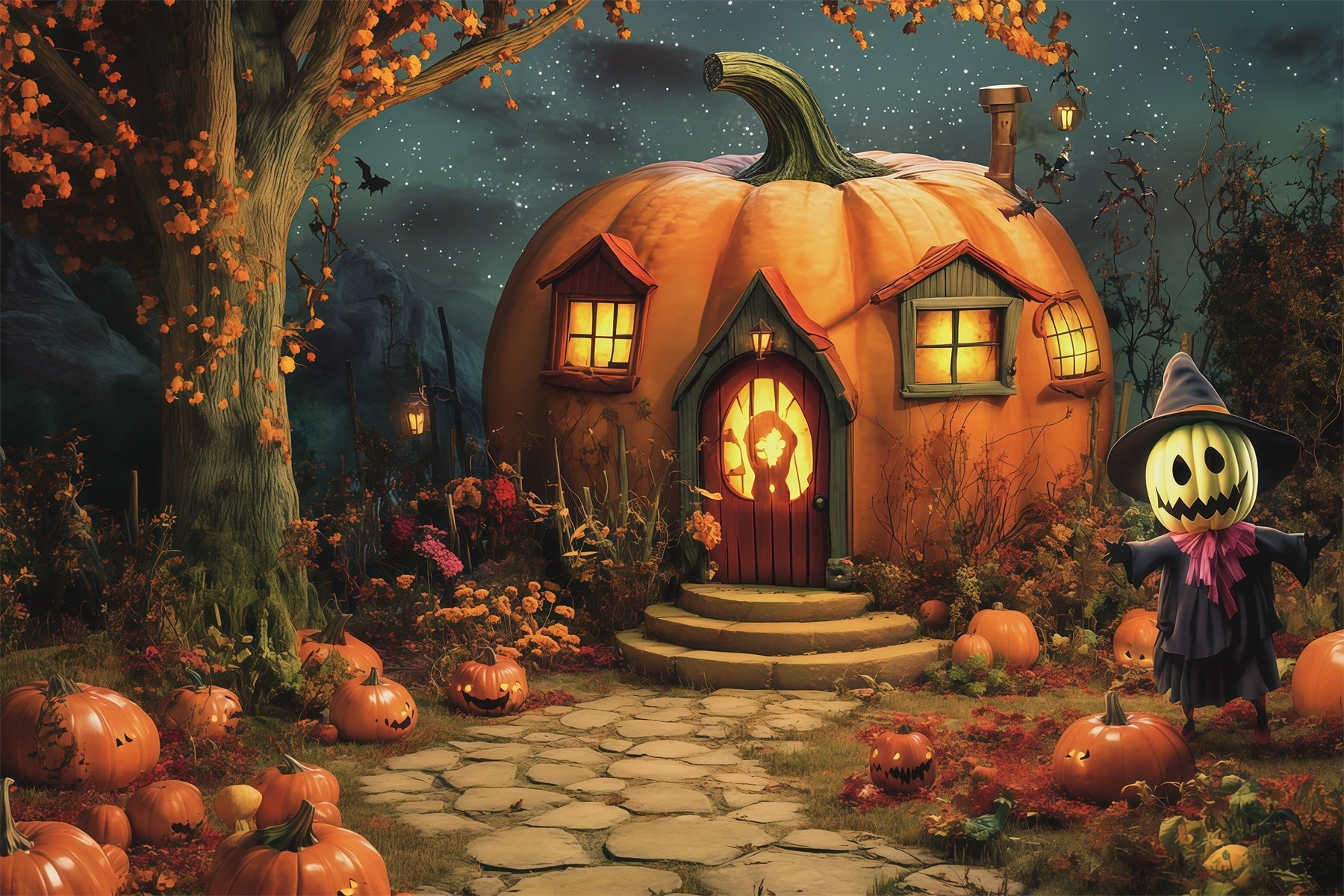 Halloween Pumpkin Backdrop Pumpkin Cottage Scarecrow Garden Halloween Photo Backdrop Ideas UK RR67-62
