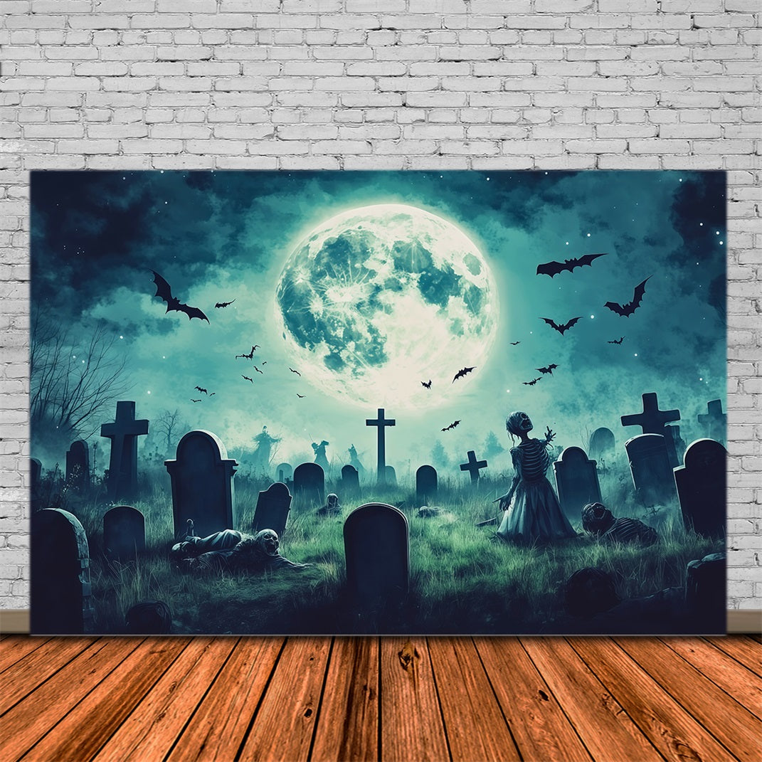 Custom Halloween Backdrop Moonlit Zombie Graveyard Bats Halloween Graveyard Backdrop UK RR67-64