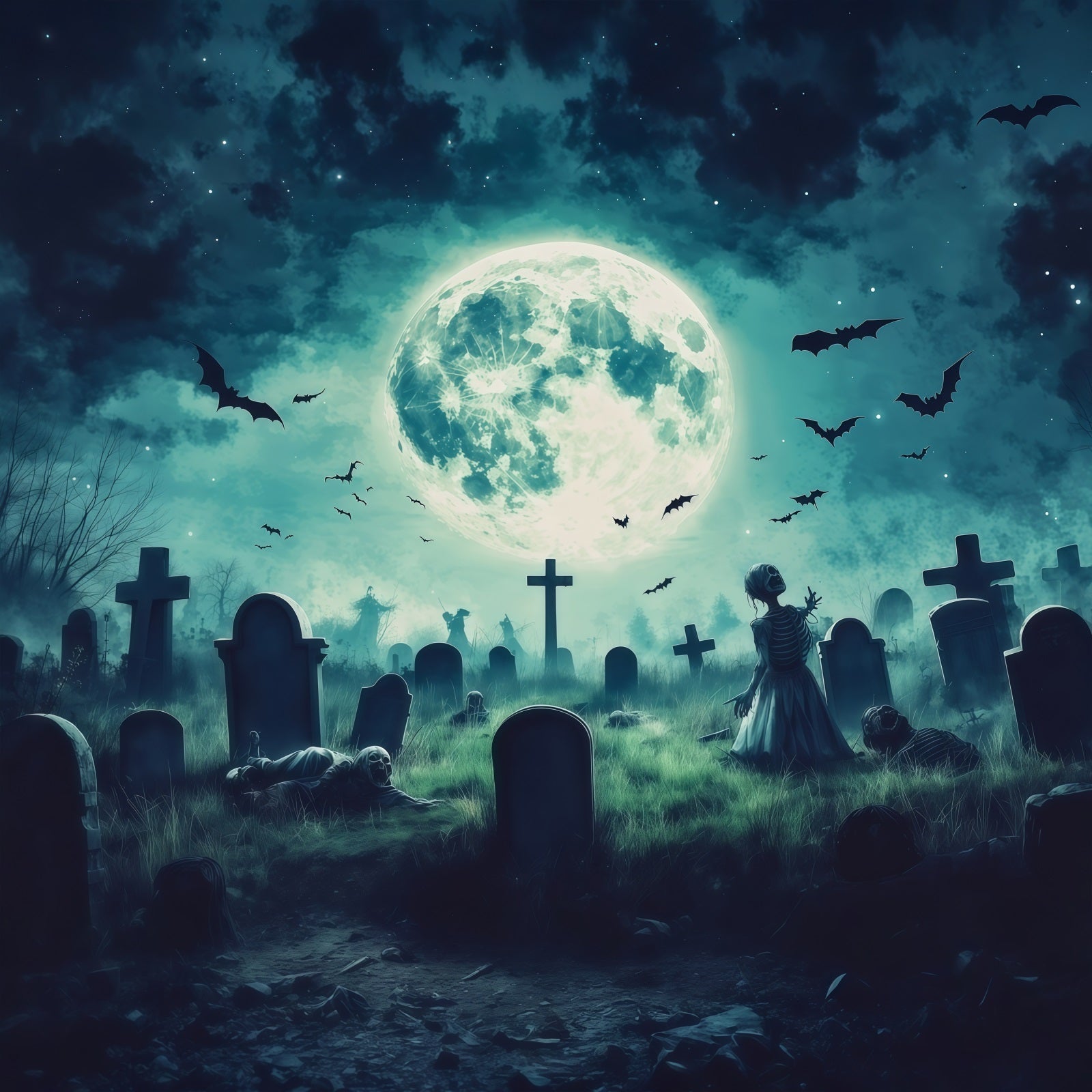 Custom Halloween Backdrop Moonlit Zombie Graveyard Bats Halloween Graveyard Backdrop UK RR67-64