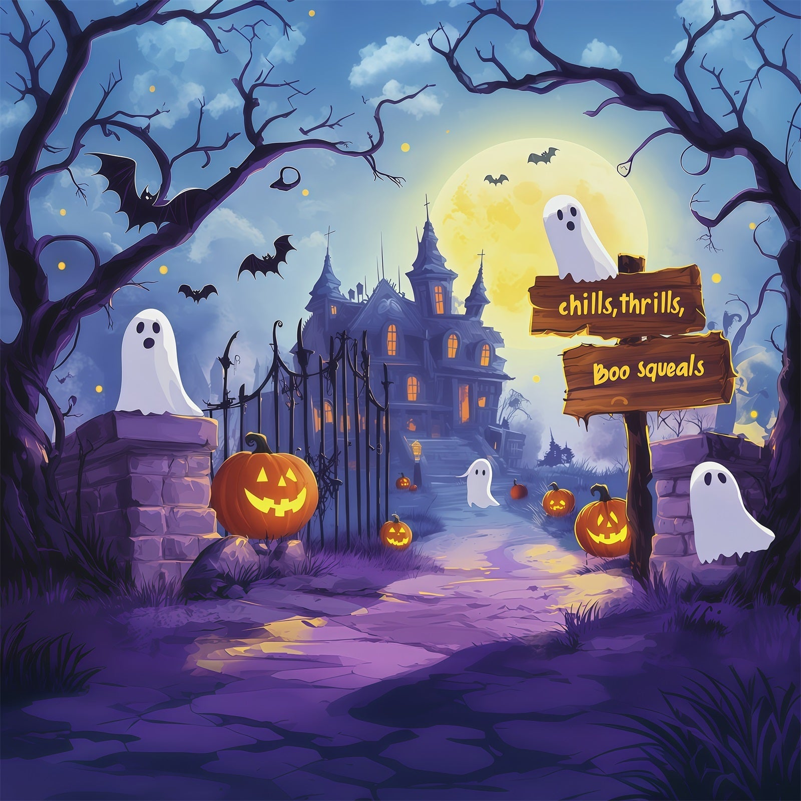 Photo Booth Halloween Backdrop Ideas Ghostly Mansion Path Pumpkins Halloween Picture Backdrop UK RR67-65