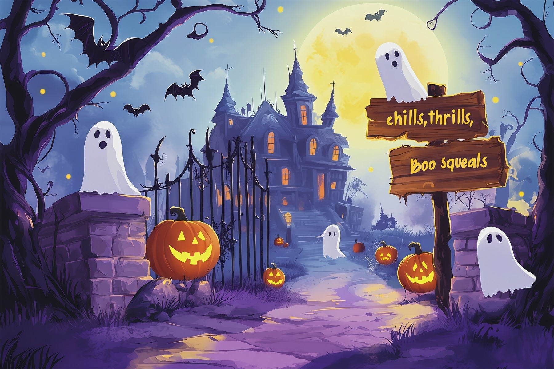 Photo Booth Halloween Backdrop Ideas Ghostly Mansion Path Pumpkins Halloween Picture Backdrop UK RR67-65