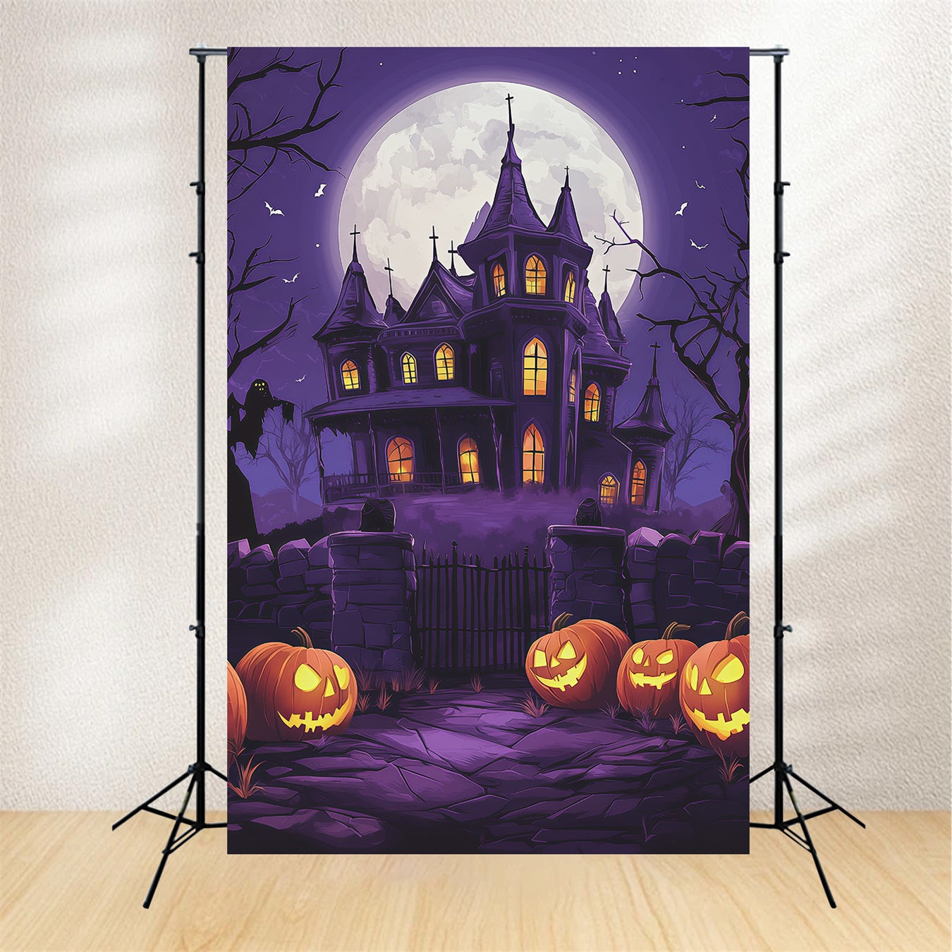 Halloween Castle Backdrop Purple Moon Mansion Pumpkins Large Halloween Backdrop UK RR67-66