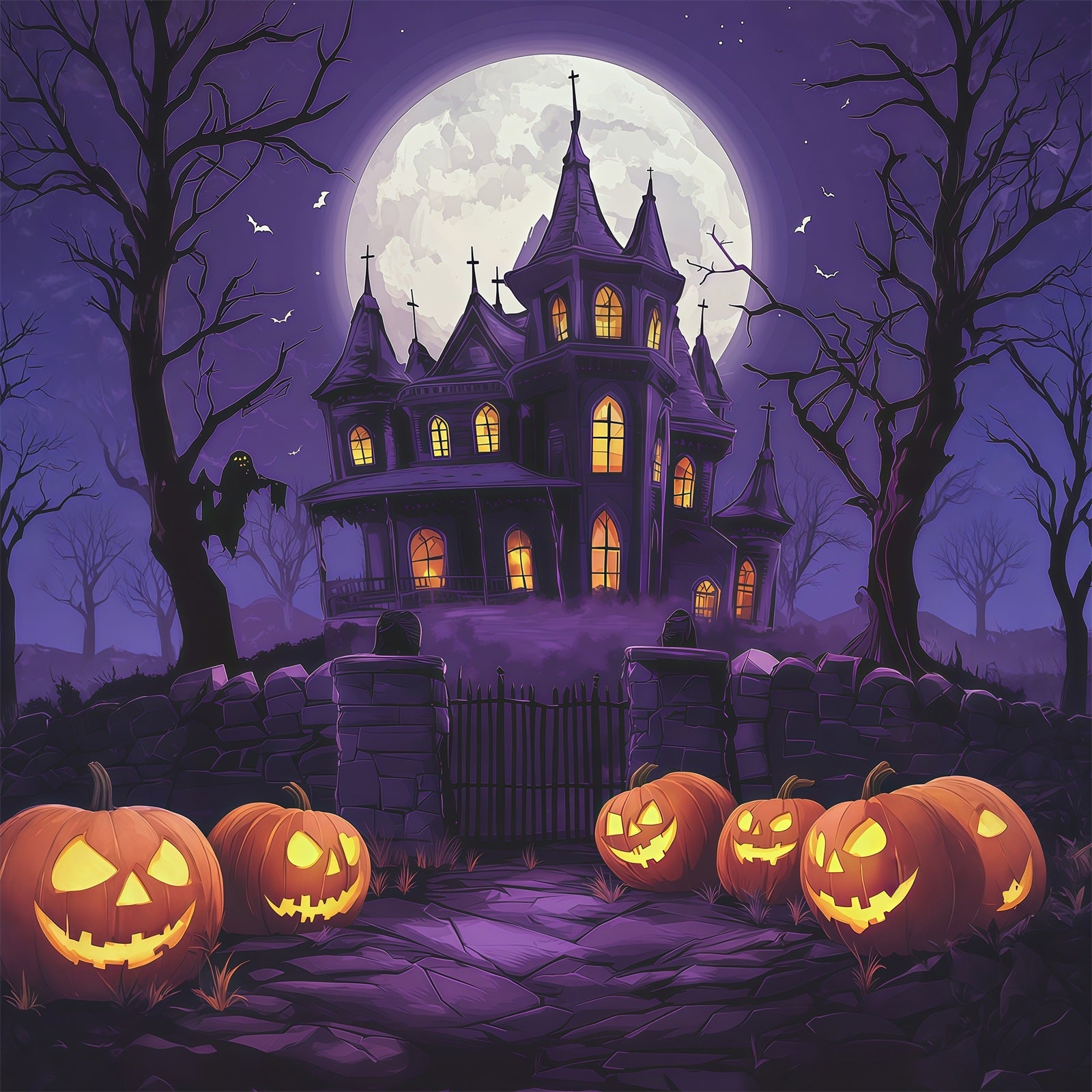 Halloween Castle Backdrop Purple Moon Mansion Pumpkins Large Halloween Backdrop UK RR67-66