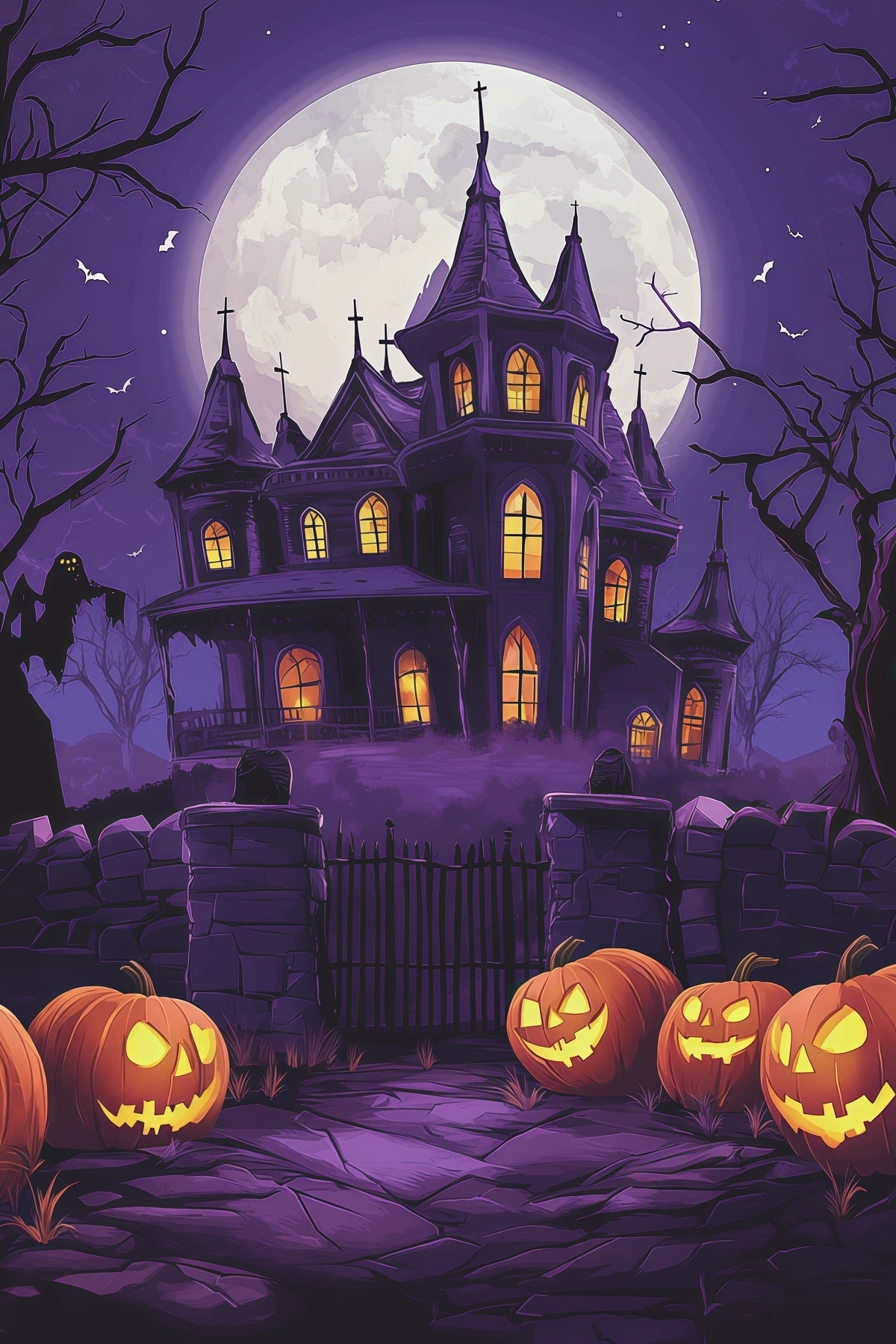 Halloween Castle Backdrop Purple Moon Mansion Pumpkins Large Halloween Backdrop UK RR67-66