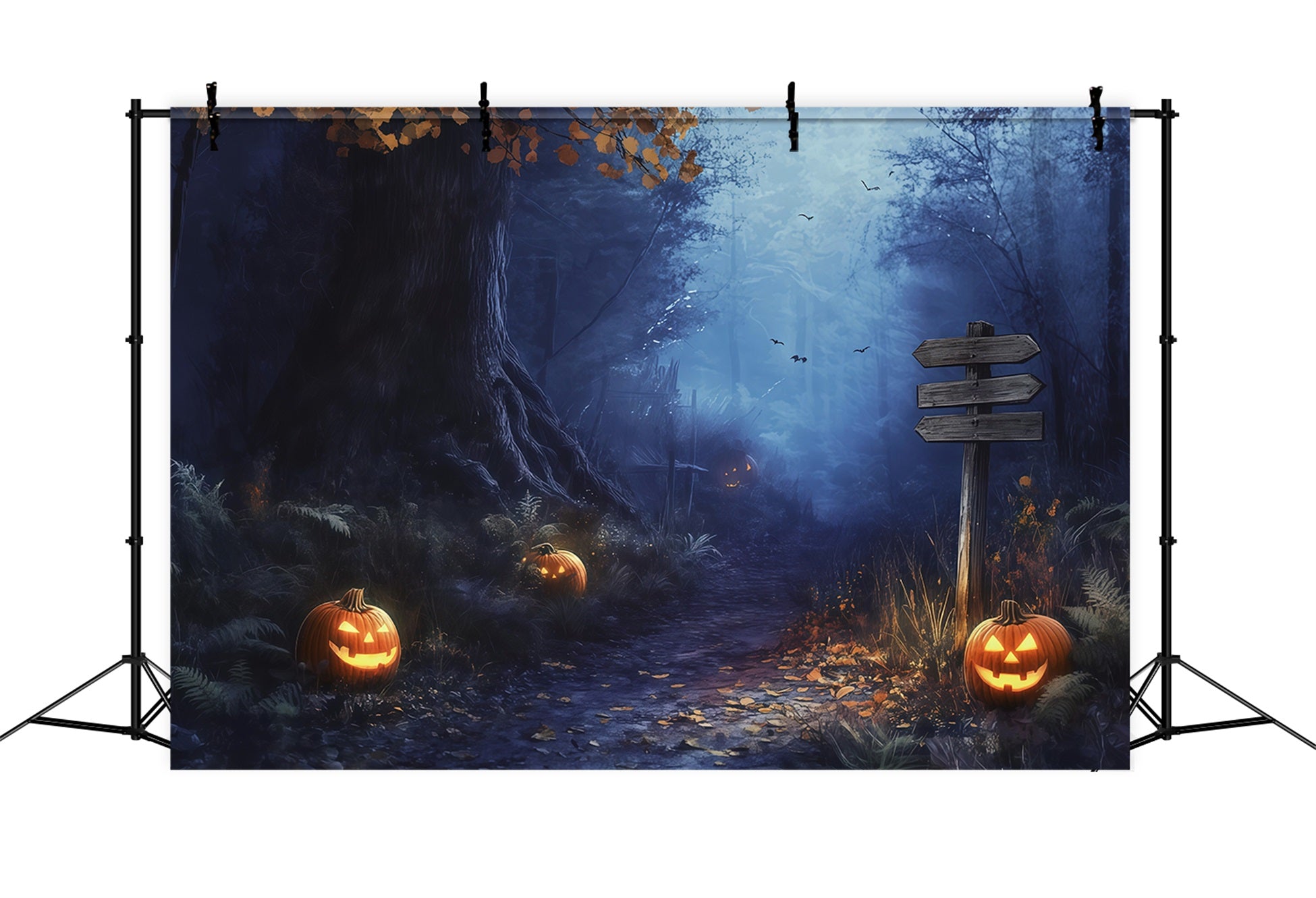 Fall Halloween Backdrop Foggy Forest Pumpkin Path Scary Halloween Backdrops UK RR67-67