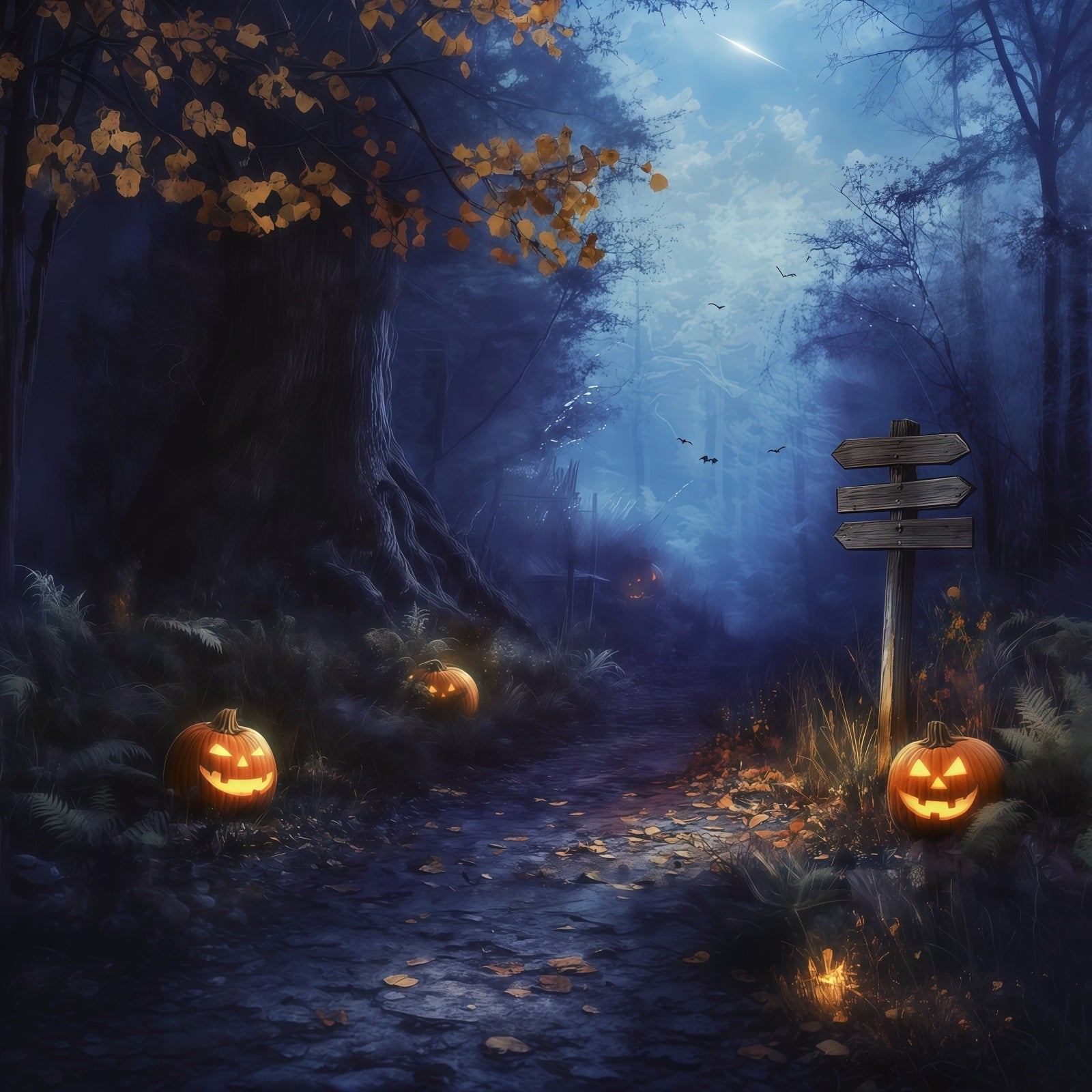 Fall Halloween Backdrop Foggy Forest Pumpkin Path Scary Halloween Backdrops UK RR67-67