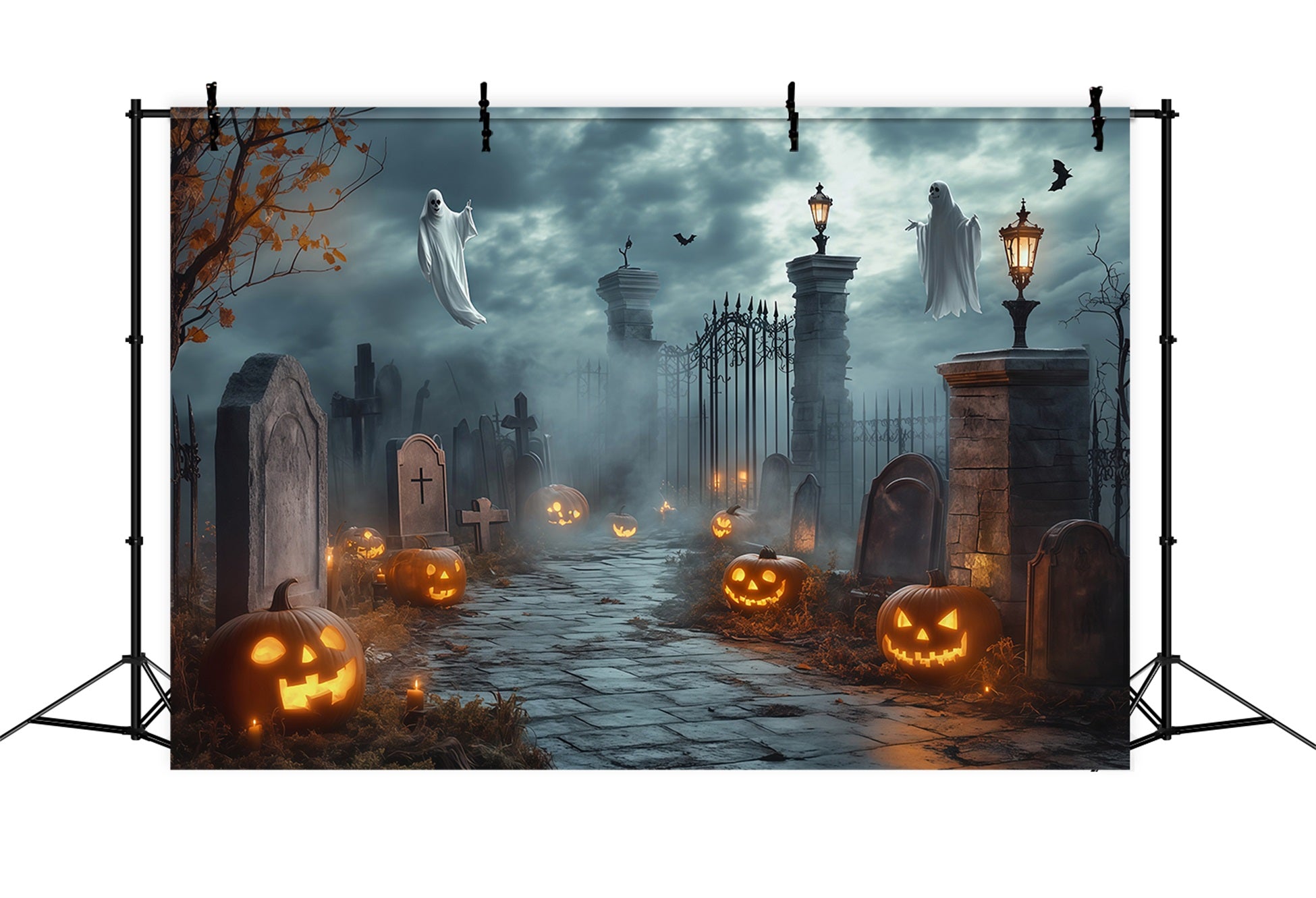 Halloween Ghost Backdrop Ghostly Cemetery Gate Pumpkins Scary Halloween Backdrop UK RR67-68