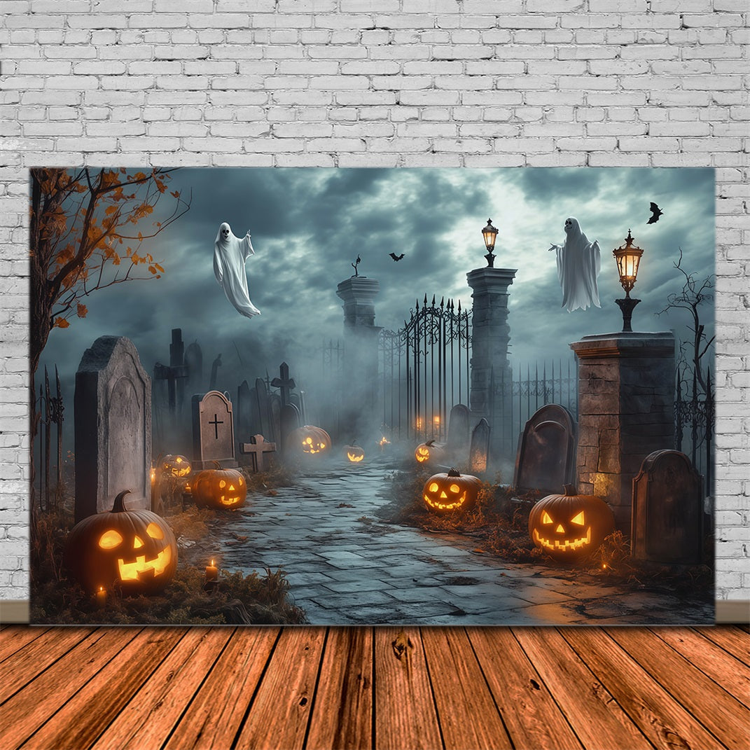 Halloween Ghost Backdrop Ghostly Cemetery Gate Pumpkins Scary Halloween Backdrop UK RR67-68