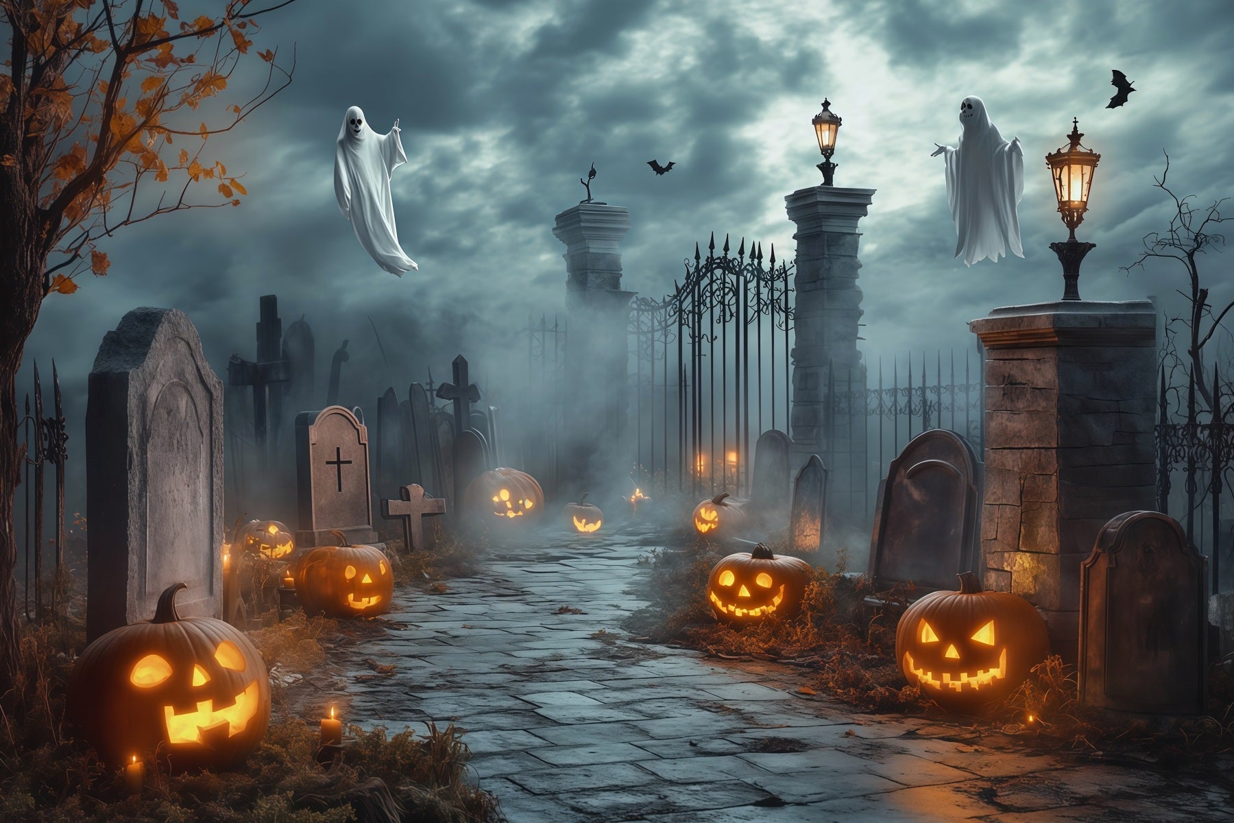 Halloween Ghost Backdrop Ghostly Cemetery Gate Pumpkins Scary Halloween Backdrop UK RR67-68