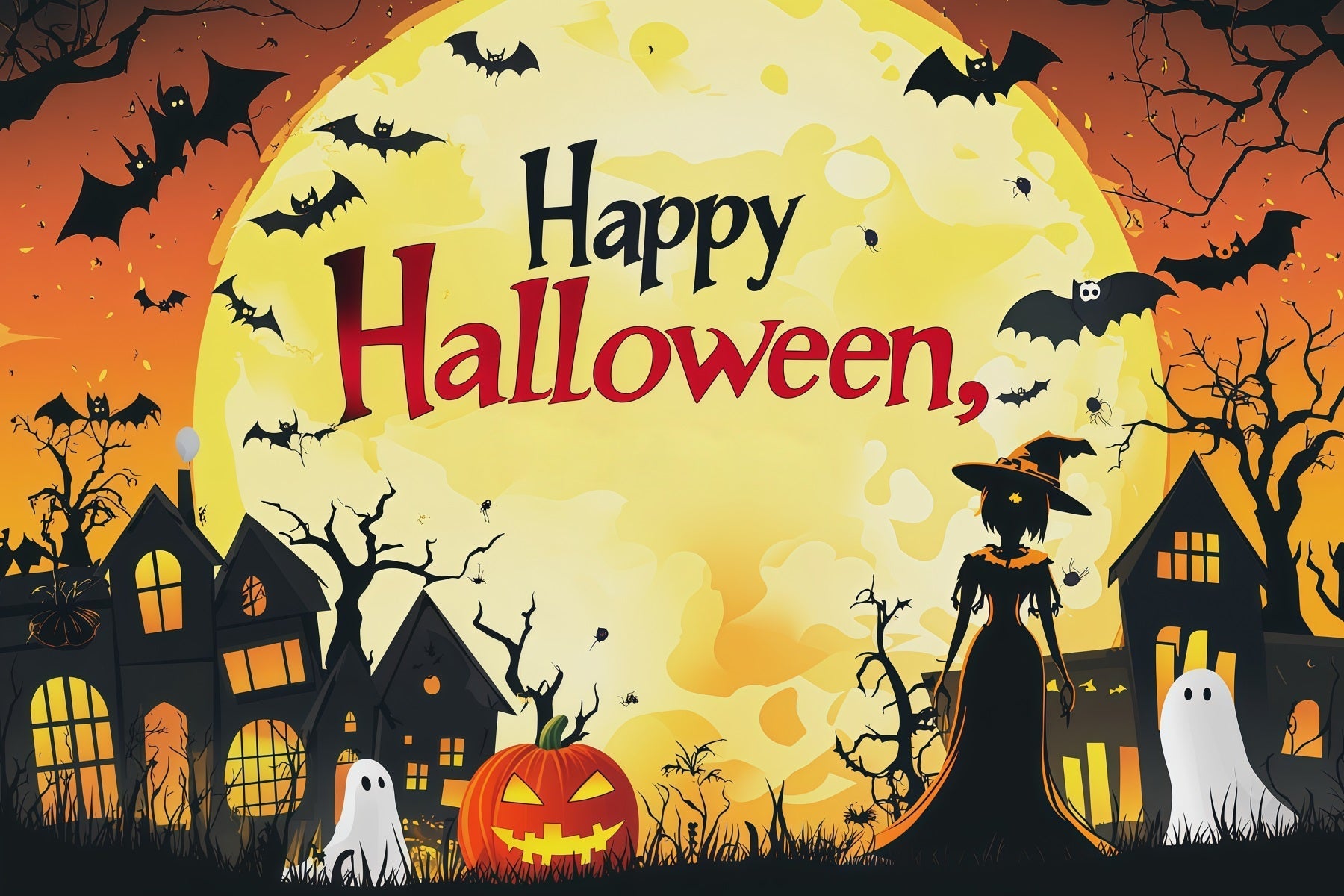 Backdrop Halloween Photo Booth Orange Moon Witch Town Halloween Party Photo Backdrop UK RR67-70