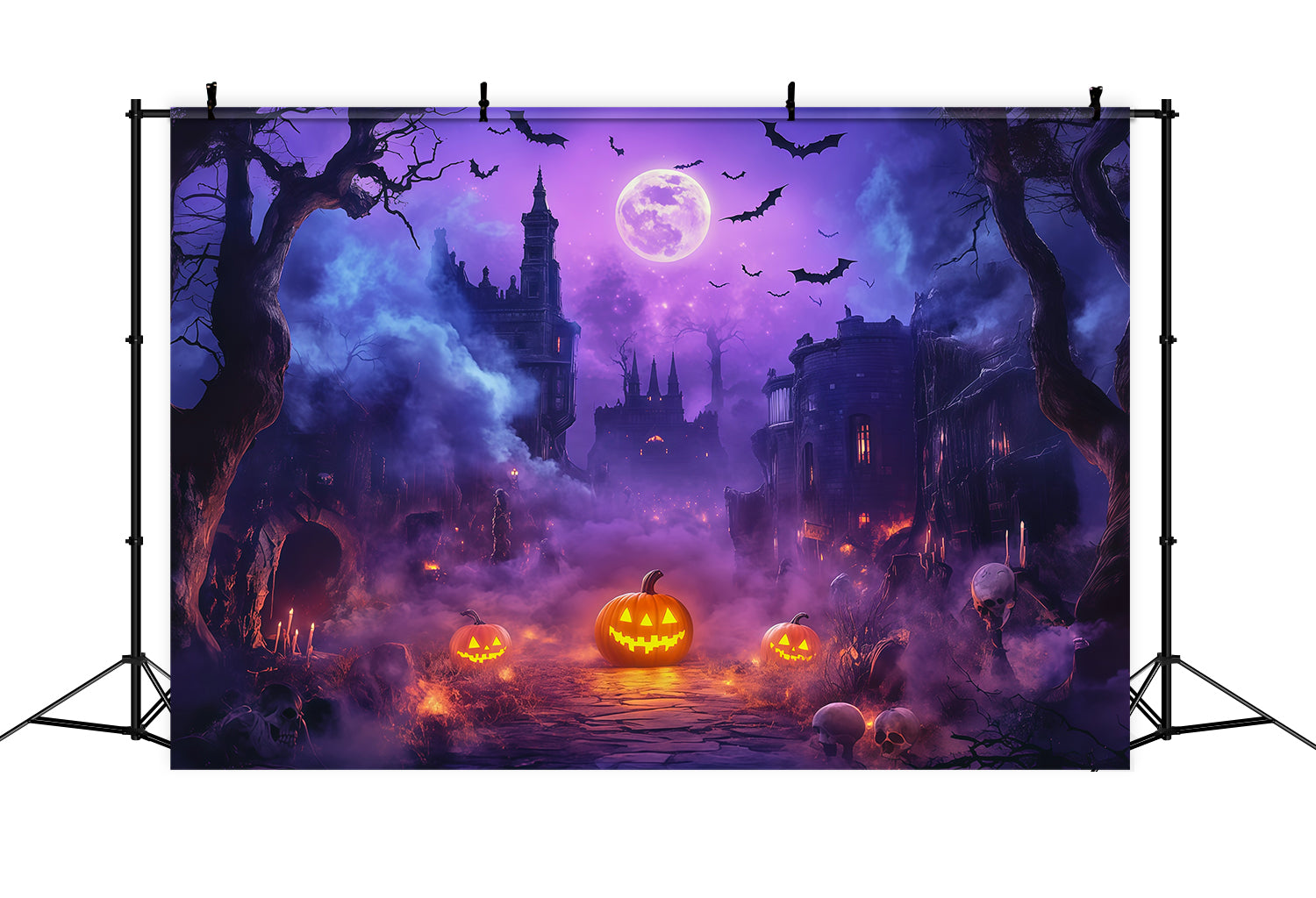 Halloween Backdrop Outdoor Purple Moon Pumpkin Castle Photo Backdrop Halloween UK RR67-71