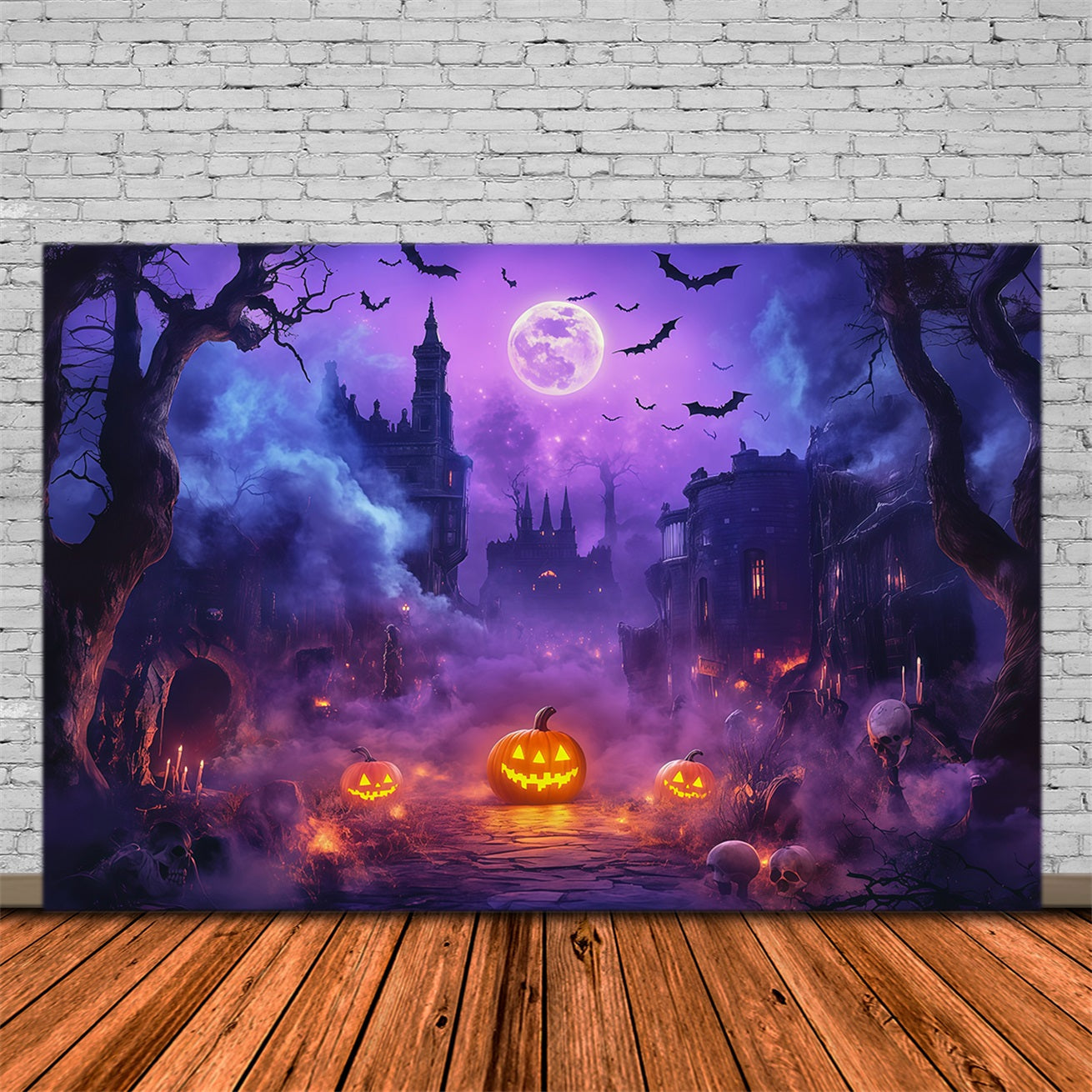 Halloween Backdrop Outdoor Purple Moon Pumpkin Castle Photo Backdrop Halloween UK RR67-71