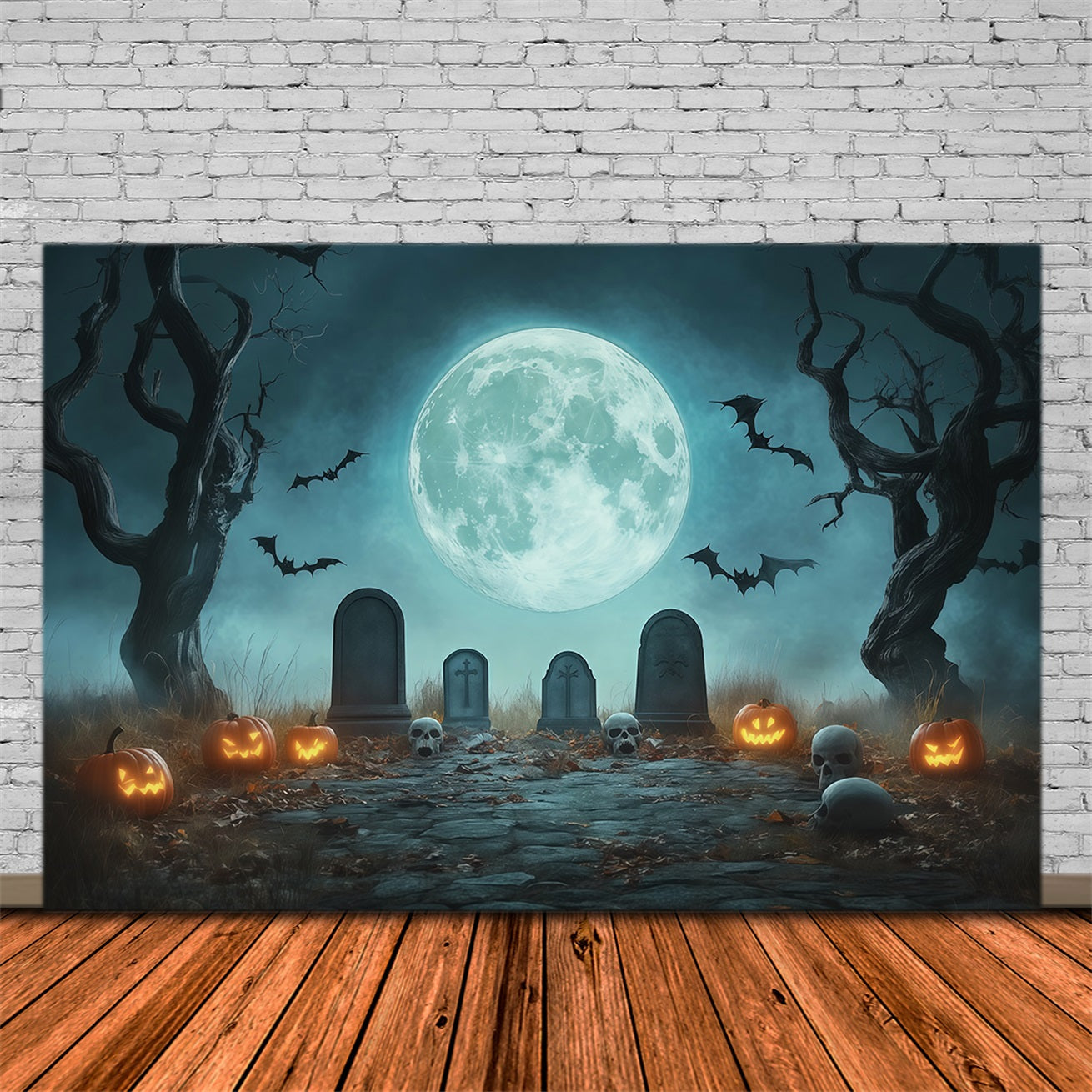 Halloween Graveyard Backdrops Moonlit Pumpkin Cemetery Path Photo Booth Halloween Backdrop UK RR67-72