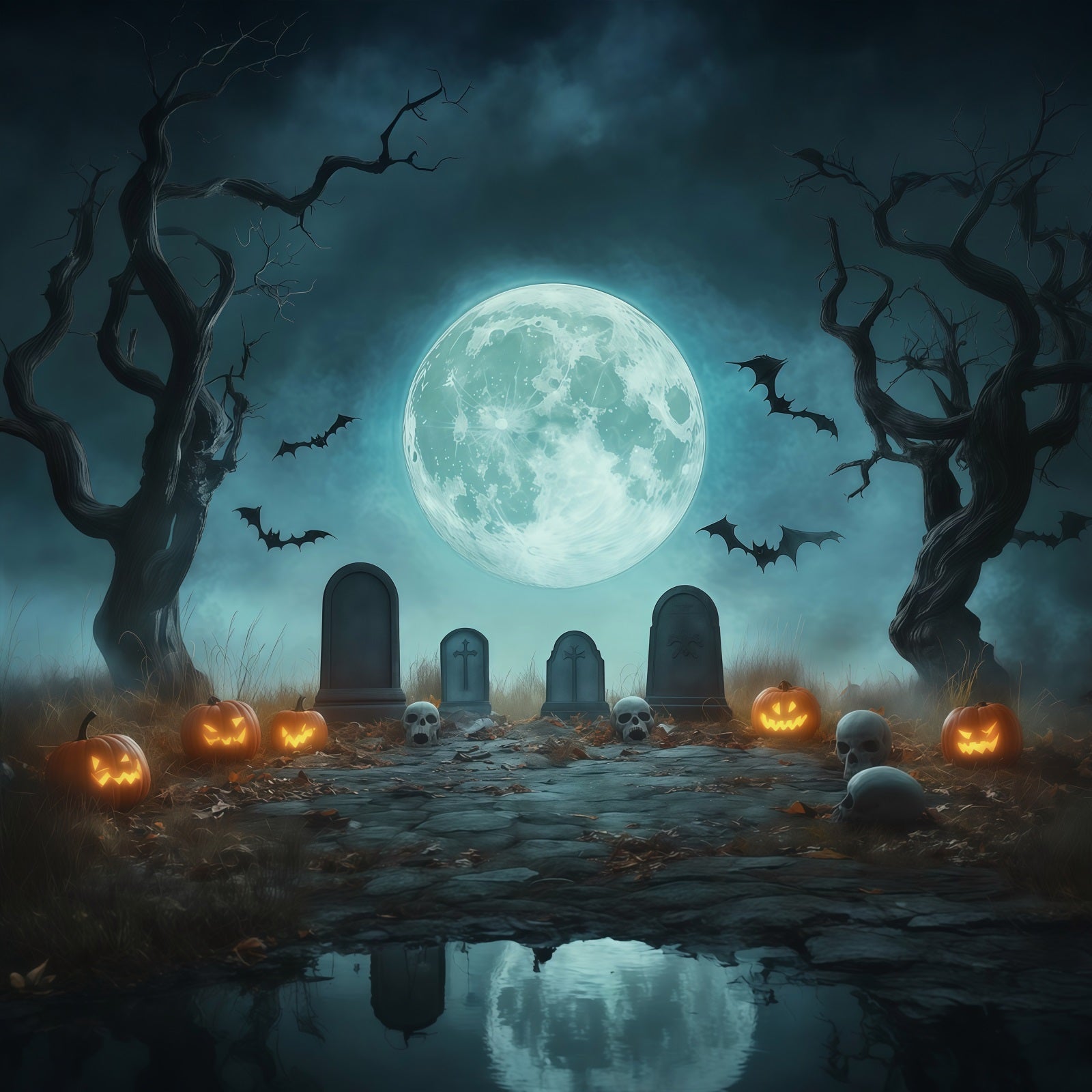 Halloween Graveyard Backdrops Moonlit Pumpkin Cemetery Path Photo Booth Halloween Backdrop UK RR67-72