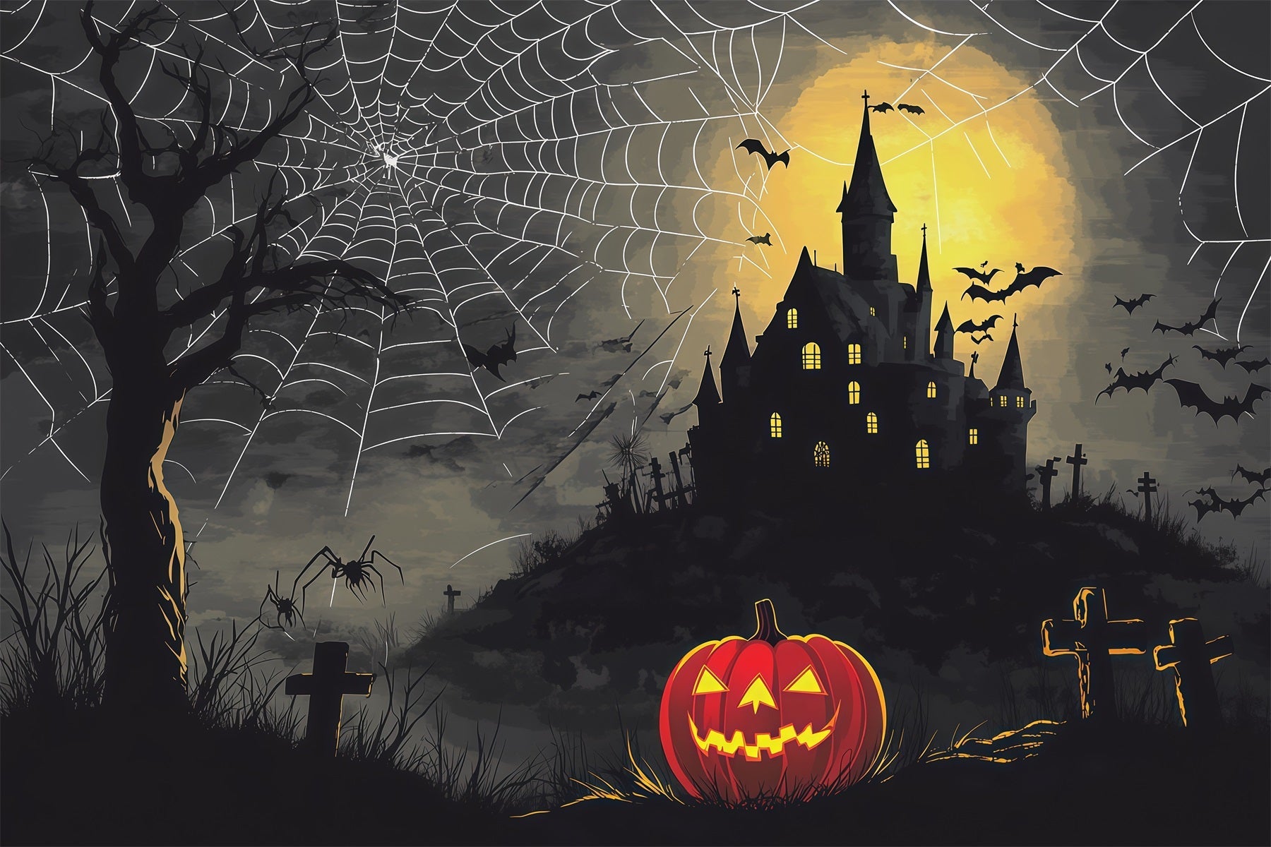 Halloween Spooky Backdrop Spiderweb Castle Pumpkin Night Spooky Halloween Backdrops UK RR67-74