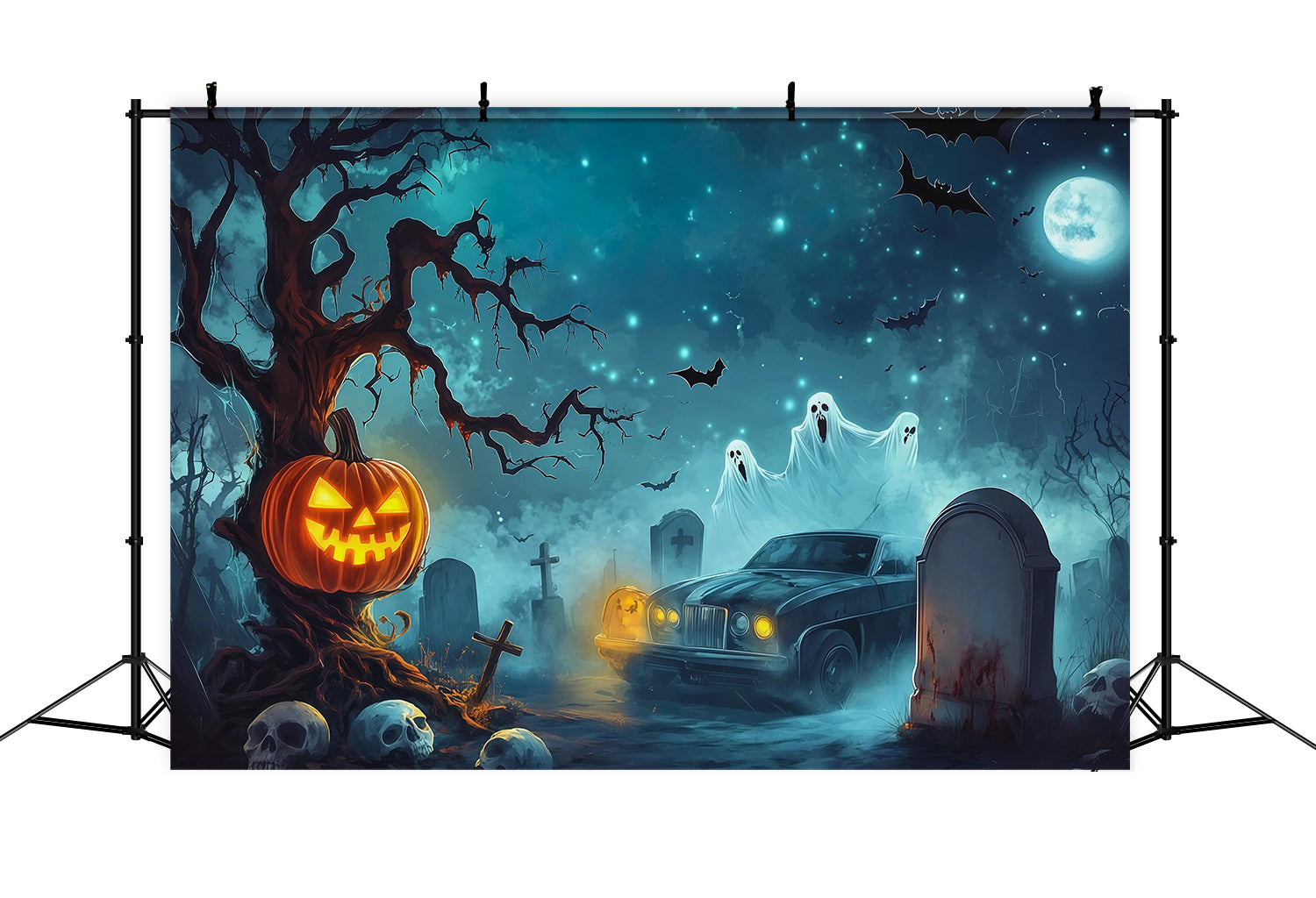 Halloween Garage Backdrop Pumpkin Ghost Graveyard Car Backdrops For Halloween UK RR67-75