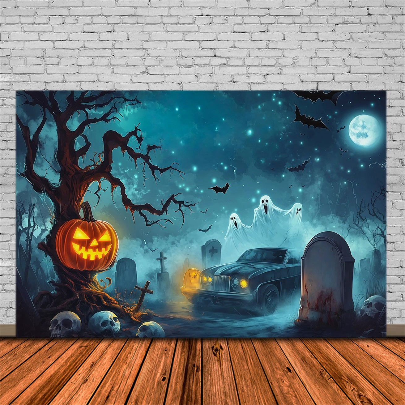 Halloween Garage Backdrop Pumpkin Ghost Graveyard Car Backdrops For Halloween UK RR67-75