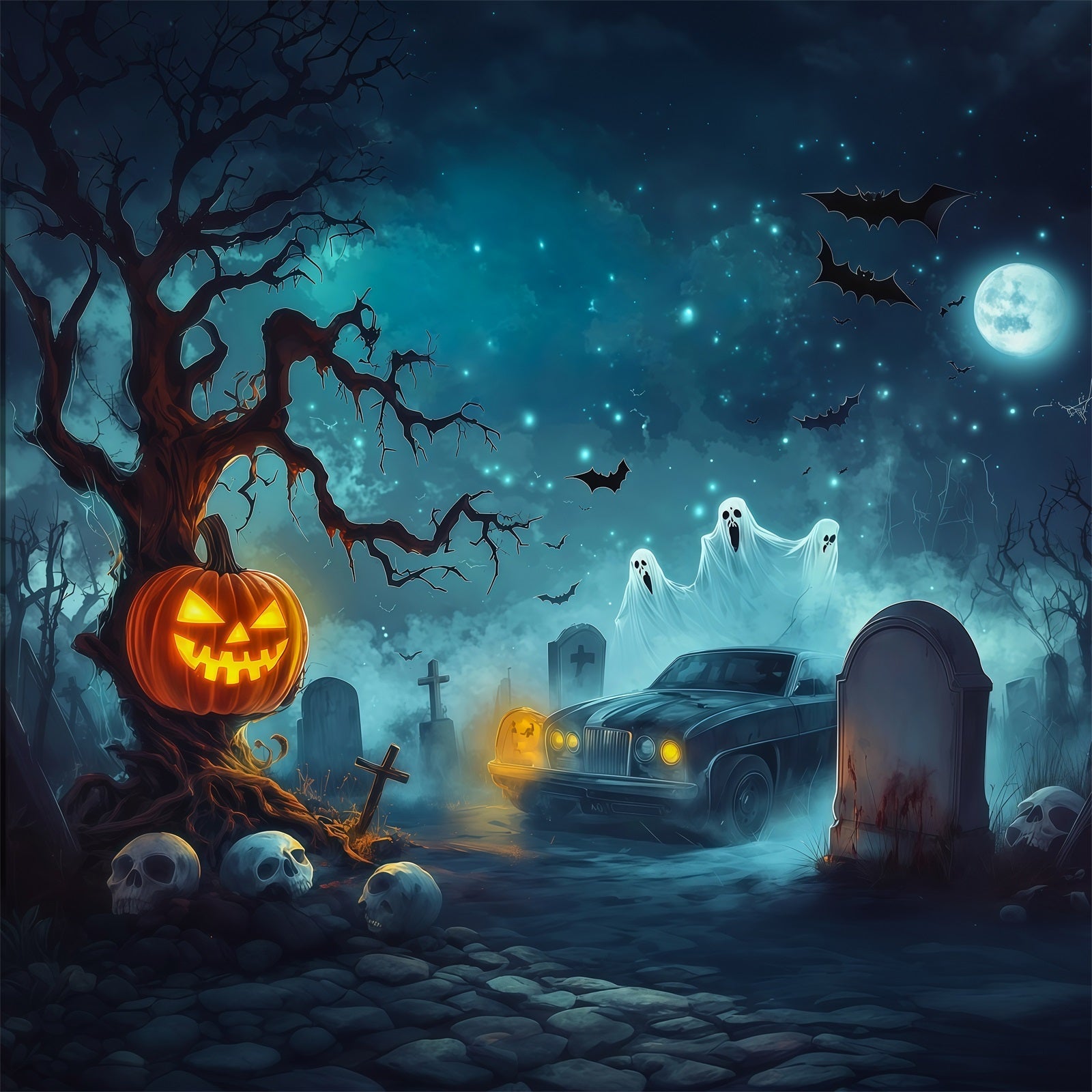 Halloween Garage Backdrop Pumpkin Ghost Graveyard Car Backdrops For Halloween UK RR67-75