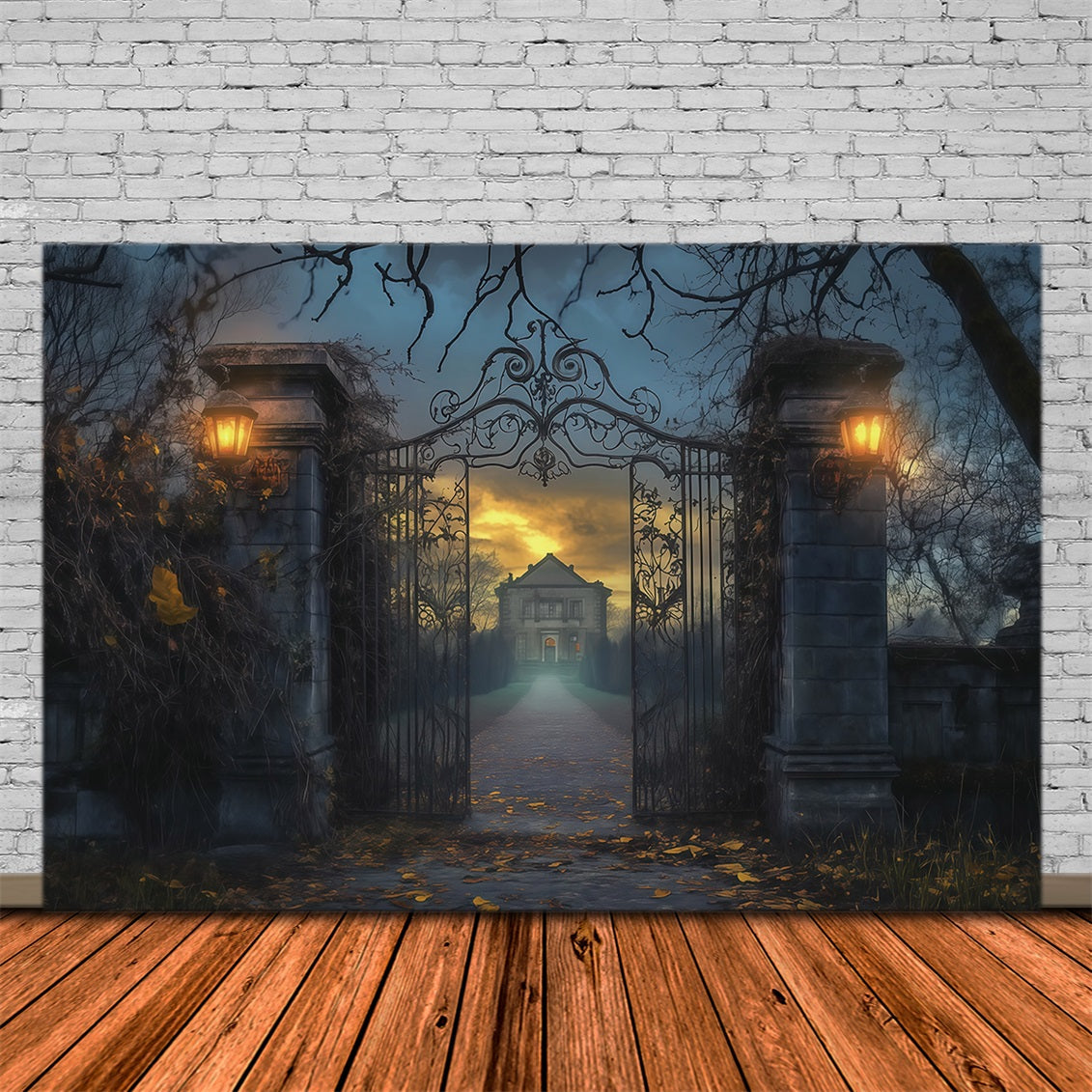Halloween House Backdrop Foggy Mansion Iron Gate Halloween Cemetery Backdrop UK RR67-77